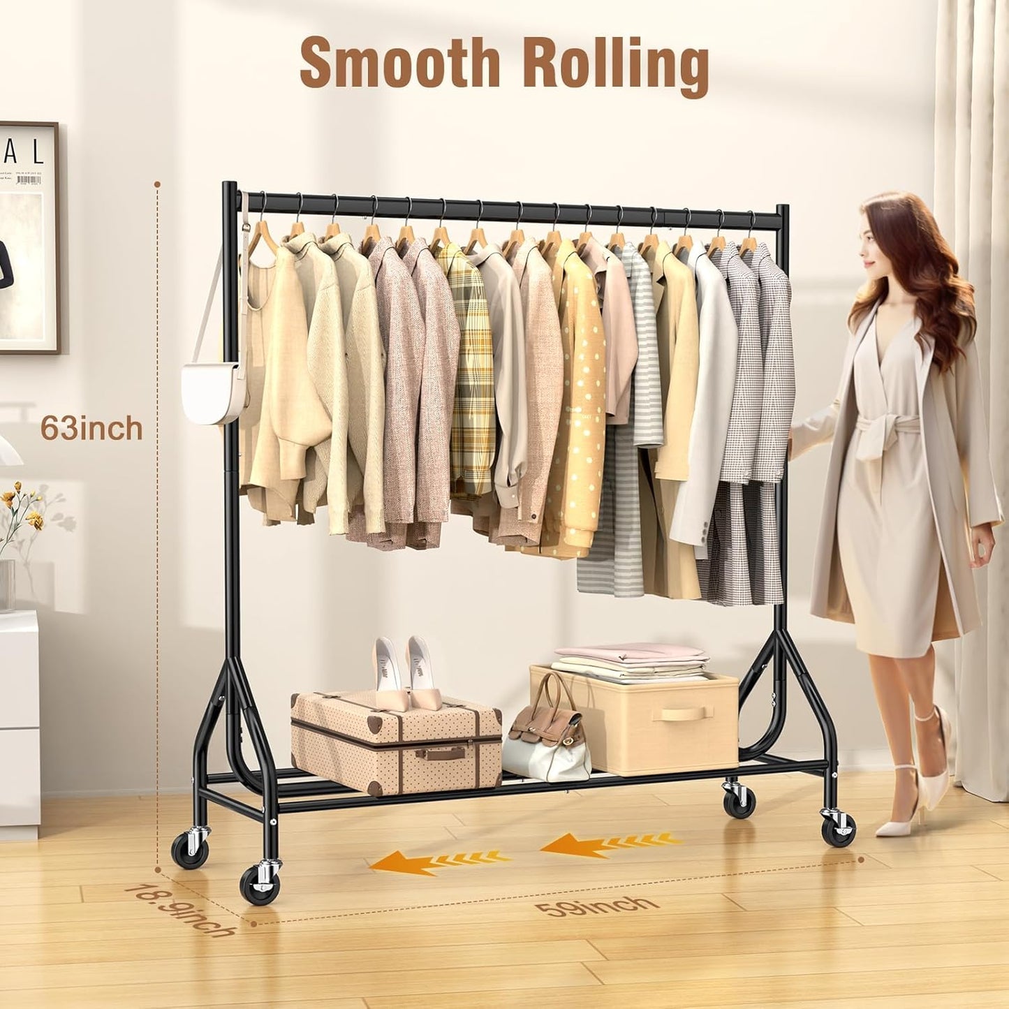 EAGMAK Heavy Duty Clothes Rack Load 420 LBS, Rolling Garment Rack with Lockable Wheels, Standing Metal Clothing Rack, Portable Wardrobe Sturdy Coat Rack for Hanging Clothes (Black, 59″×18.9″×63″)
