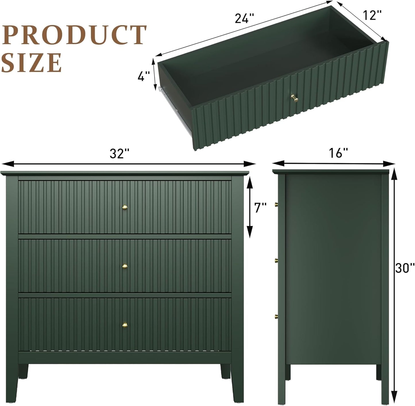 RoyalCraft Green Fluted 3 Drawer Dresser, 32 inch Wide Dresser Nightstand for Bedroom, Modern Wood Chest of Drawers, Large Painted Nightstand with 3 Drawers for Closet, Hallway, Entryway