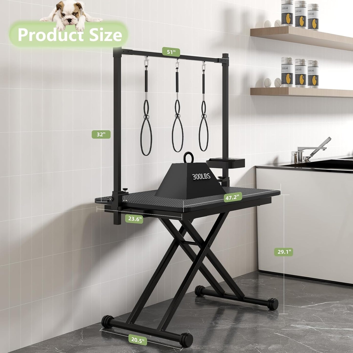 VFK 47" Adjustable Dog Grooming Table with Storage Box & Metal Basket Manual Height-Adjustable Black Pet Grooming Table for Dogs at Home Use, Waterproof Scratch-Resistant Surface, X-Frame Design