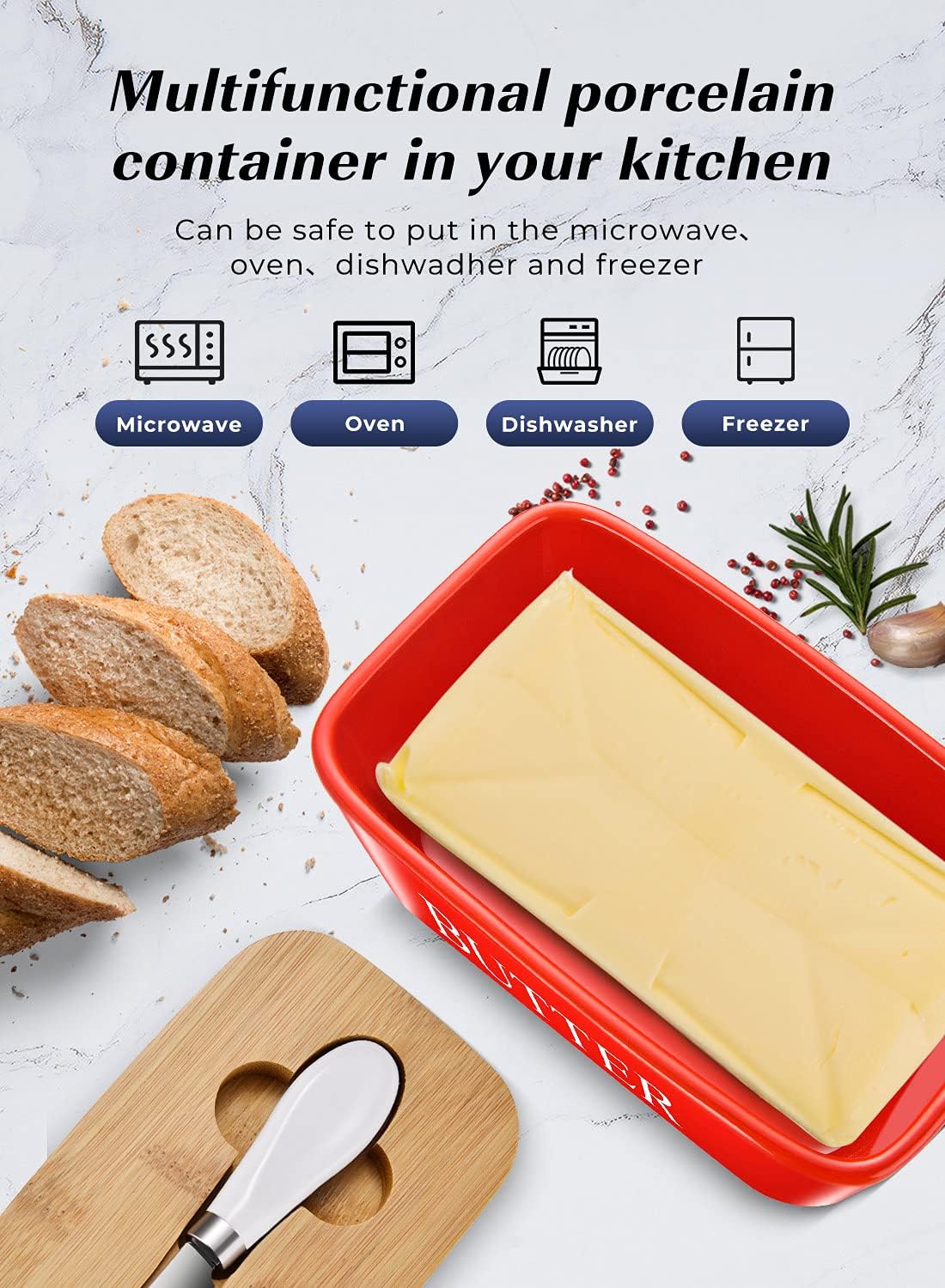Butter Dish with Lid: Large Butter Container for Countertop - Ceramic Butter Holder for Counter - Butter Tray Butter Keeper with Knife and Sponge Scrubber - Perfect for 2 Sticks of Butter Red