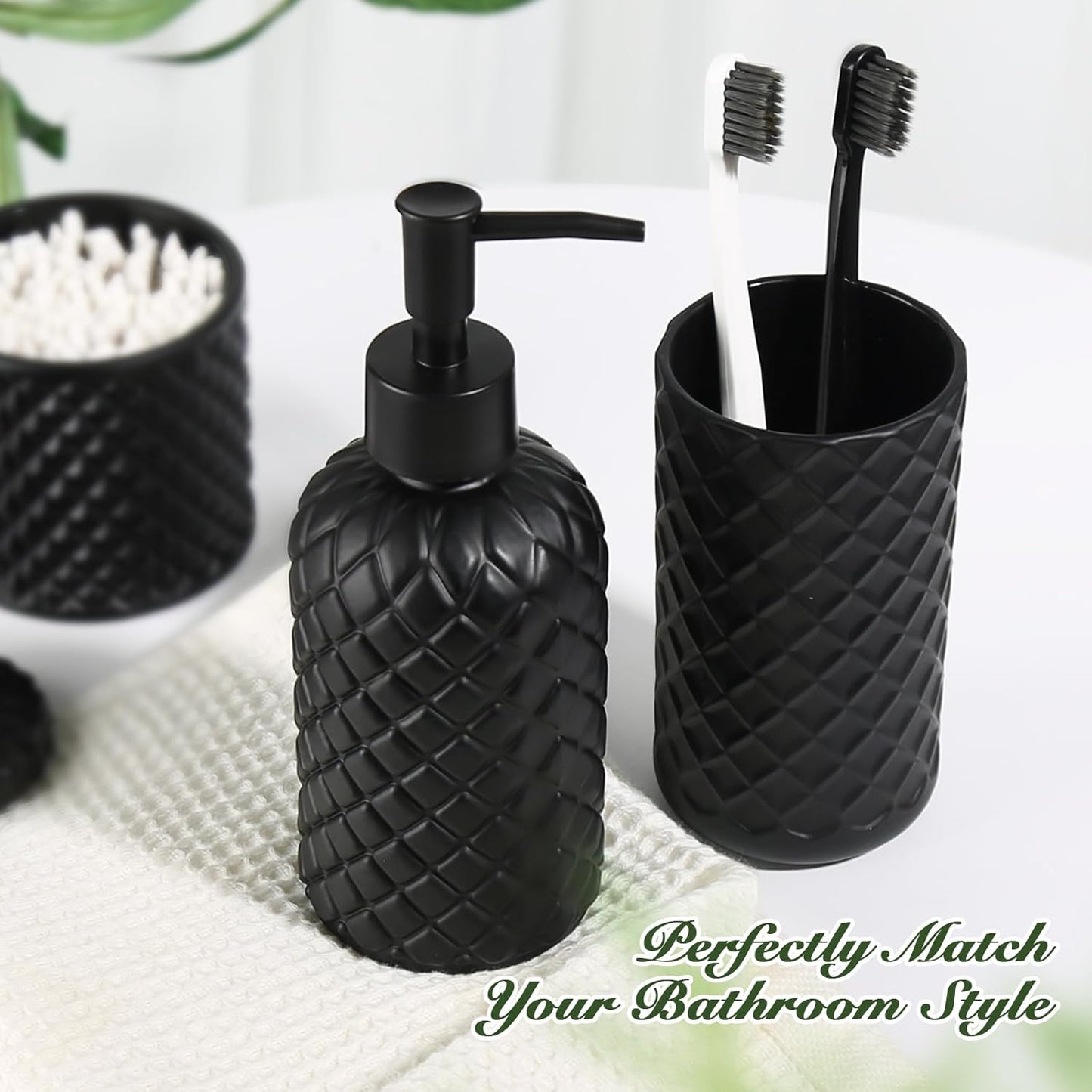 Matte Black Bathroom Accessories Set, 4 Pack Black Bath Accessory Sets Complete, Diamond Glass Soap Dispenser and Toothbrush Holder Set for Countertop, Gothic Decor Organizer Essentials