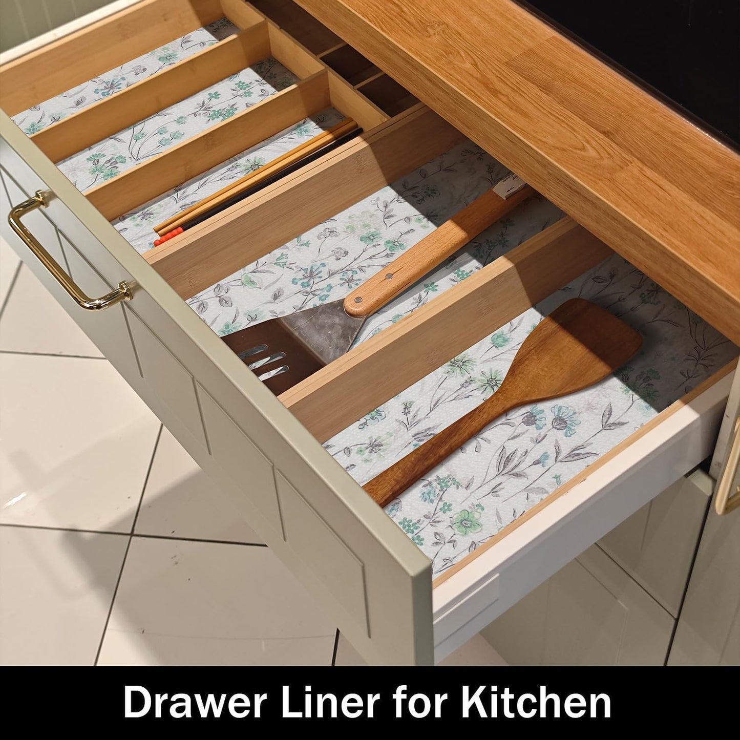 Blue and Green Floral Shelf Liners Non Adhesive and 12IN x 20FT Strong Non-Slip Shelf and Drawer Liners for Kitchen Cabinet Wire Fridge, Waterproof Shelf Drawer Liner,Easy to Clean