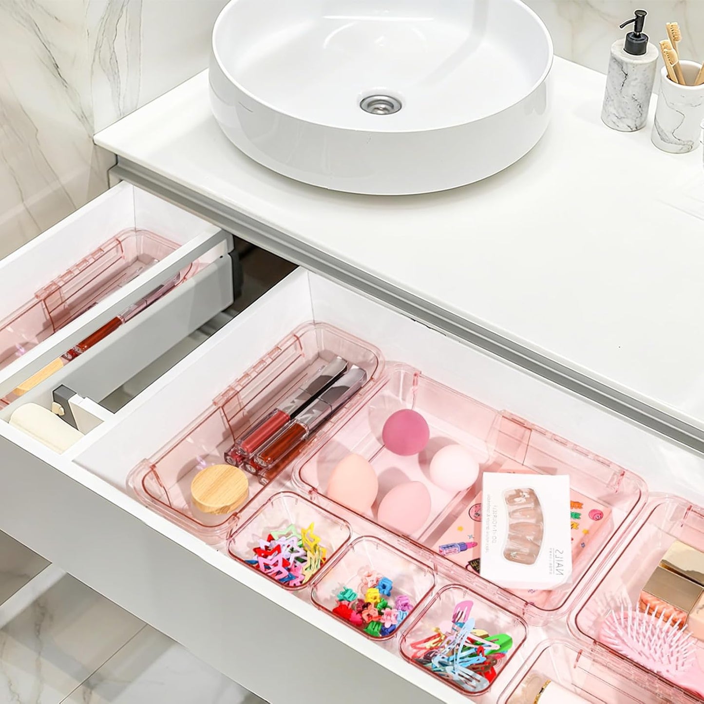 20 Pcs Adjustable Clear Drawer Organizer, Extendable Vanity Storage Bins, Desk Drawer Organizer Set for Makeup, Cosmetics, Bedroom, and Gadgets, Pink