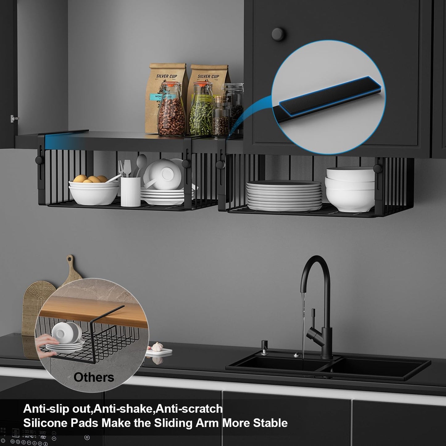 2Pack Under Shelf Basket Organizer,Adjustable Hanging Holder Storage for Cabinet Pantry Kitchen Cupboard Desk Counter Bookshelf Organization Add-on Space Saver Heavy Duty Slide-in,Black