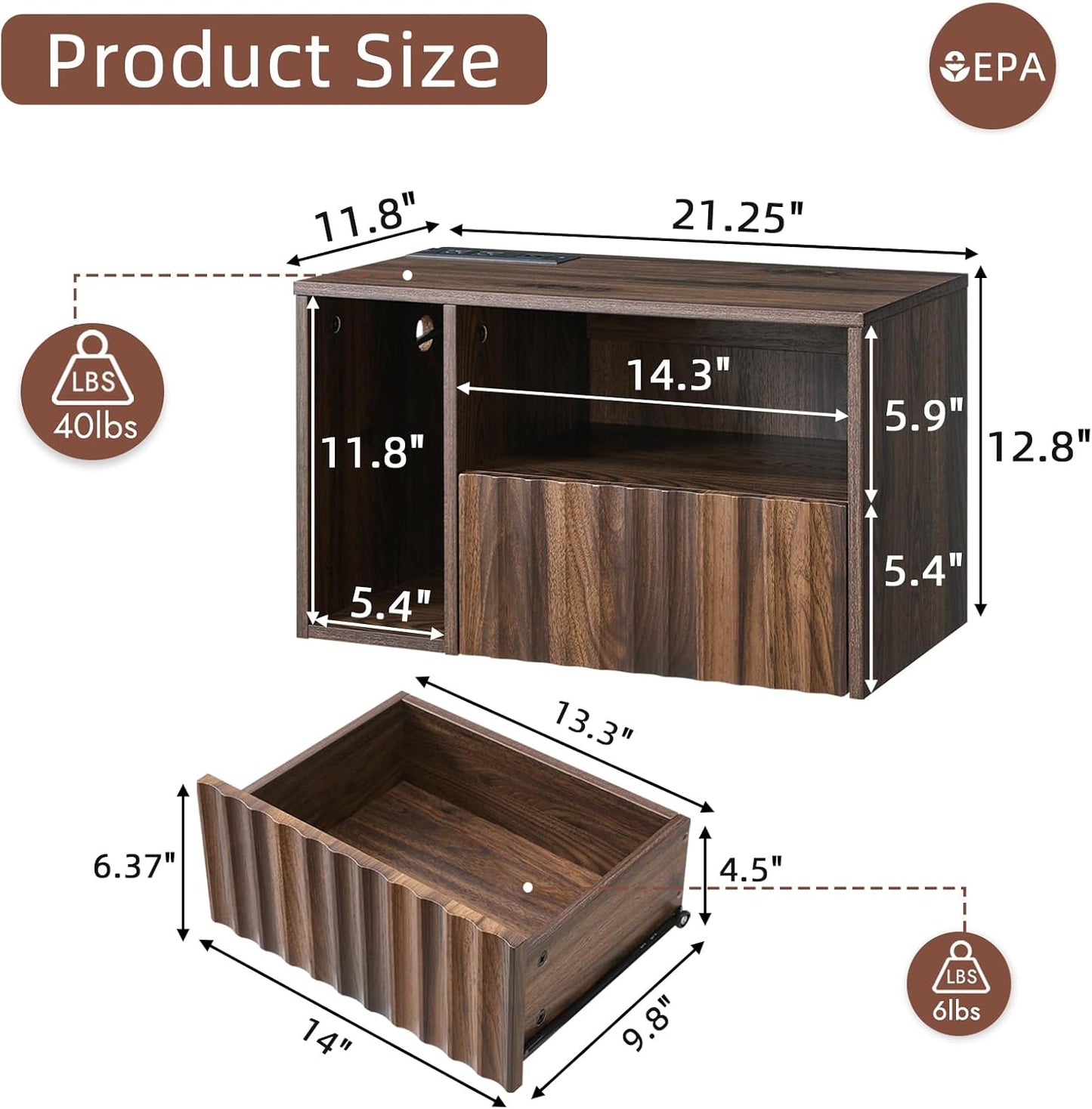 Floating Nightstand with Charging Station, Walnut Fluted Wall Mounted NightStand with Drawers, Bedside with USB Ports and Outlets, Bedroom Furniture (Set of 2)