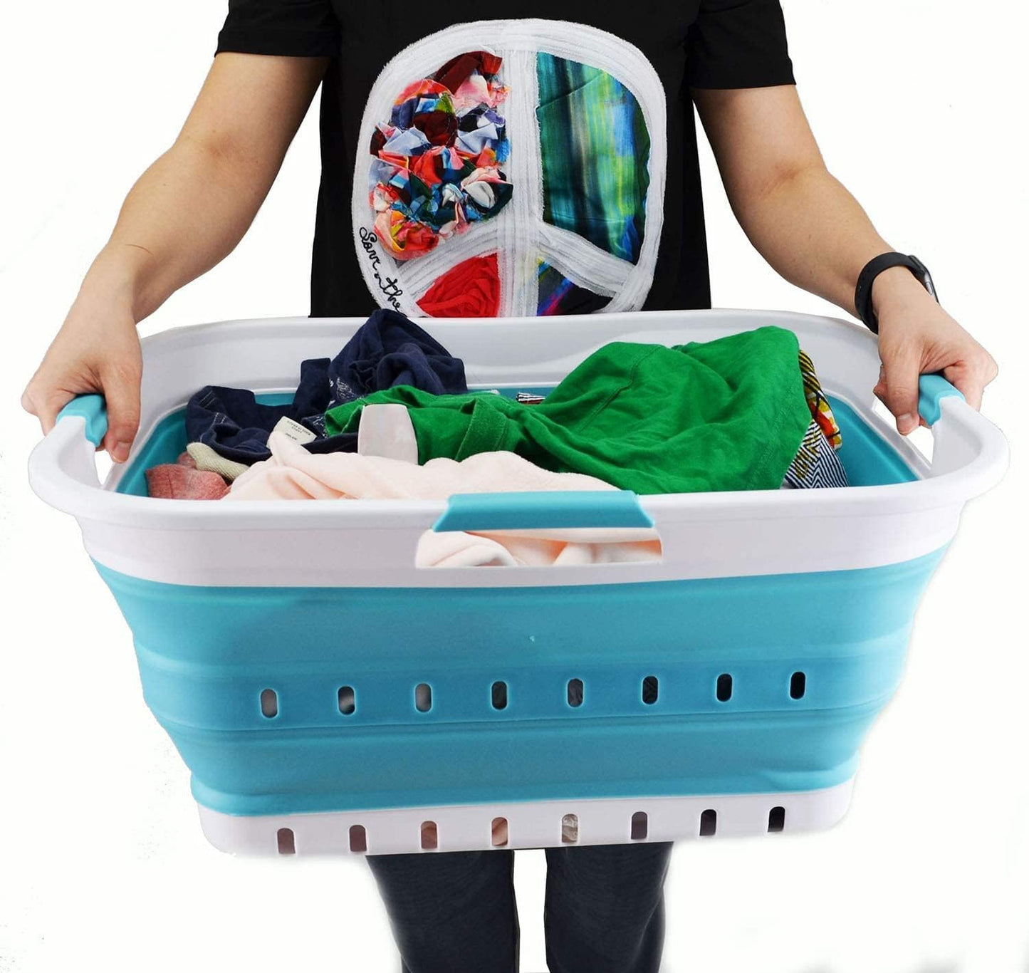 SAMMART 42L Collapsible Plastic Laundry Basket - Foldable Pop Up Storage Container/Organizer - Space Saving Hamper/Basket (1, White/Bright Blue)