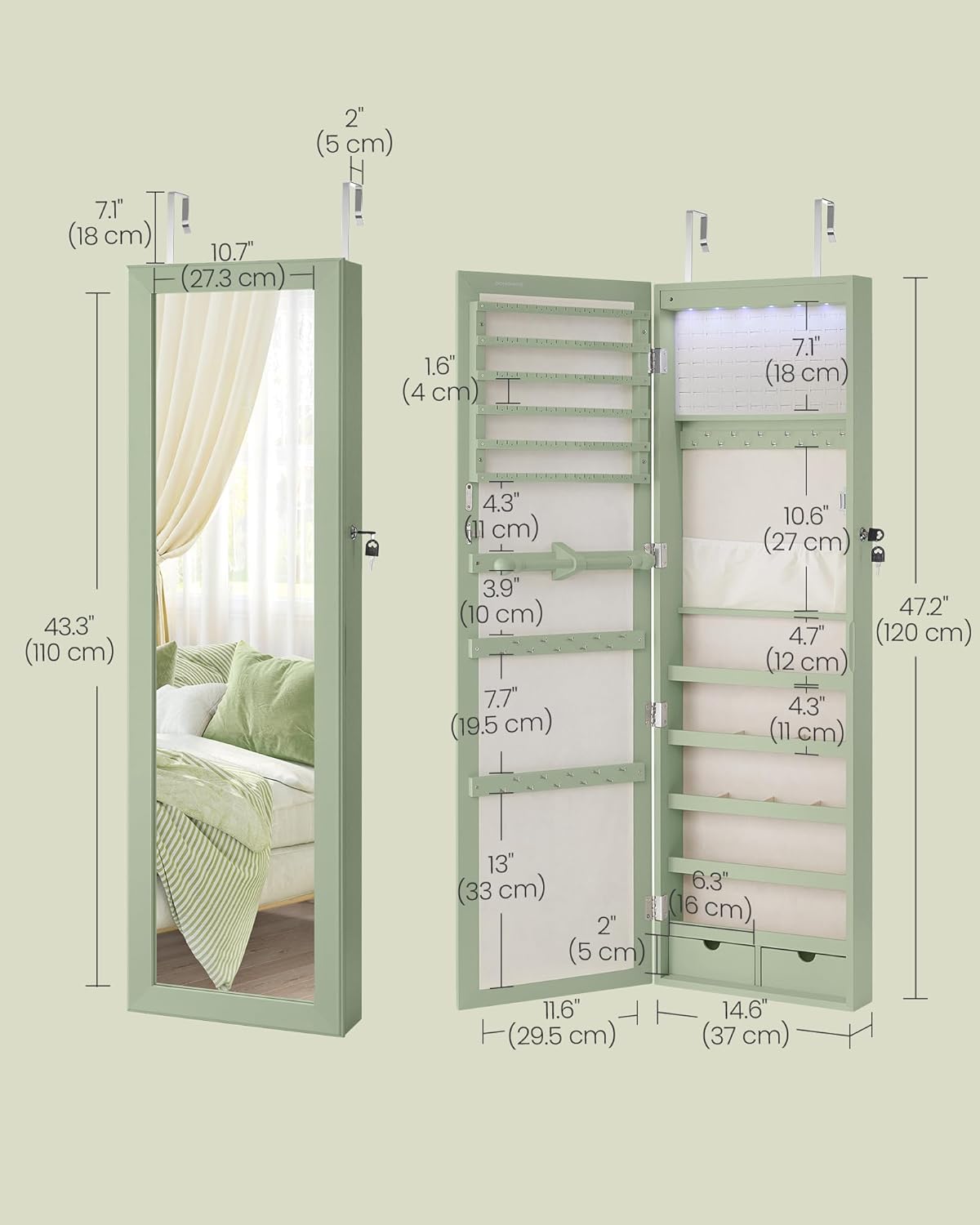 SONGMICS 6 LEDs Mirror Jewelry Cabinet, 47.2-Inch Tall Lockable Wall or Door Mounted Jewelry Armoire Organizer with Mirror, 2 Drawers, Christmas Gift, 3.9 x 14.6 x 47.2 Inches, Laurel Green
