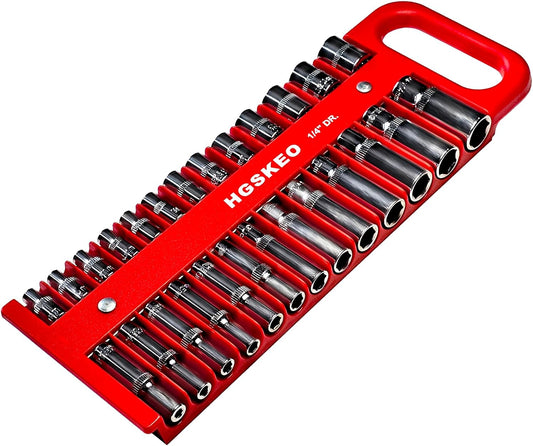 Magnetic Socket Holder Set with Handle, Portable Socket Organizer, Heavy Duty Socket Racks 1/4" Drive Holders Hold 26 standard Sockets for Tool Box(Red, 1/4" Drive)