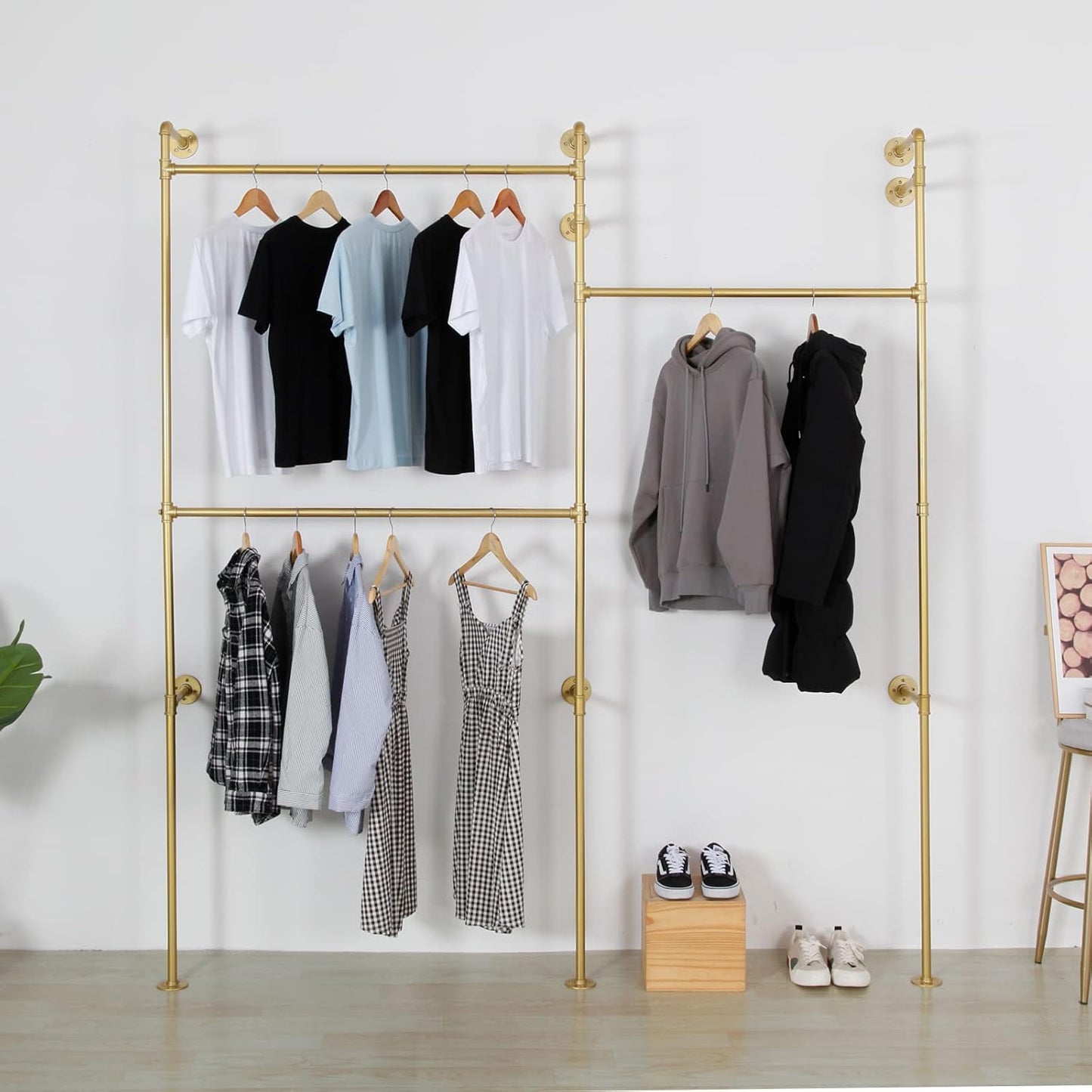 Modern Simple Industrial Pipe Double Hanging Rods Clothing Rack, Clothes Rack Wall Mounted Heavy Duty Hanging Clothes Rack, Detachable Garment Bar 93.7X84inch (Gold)