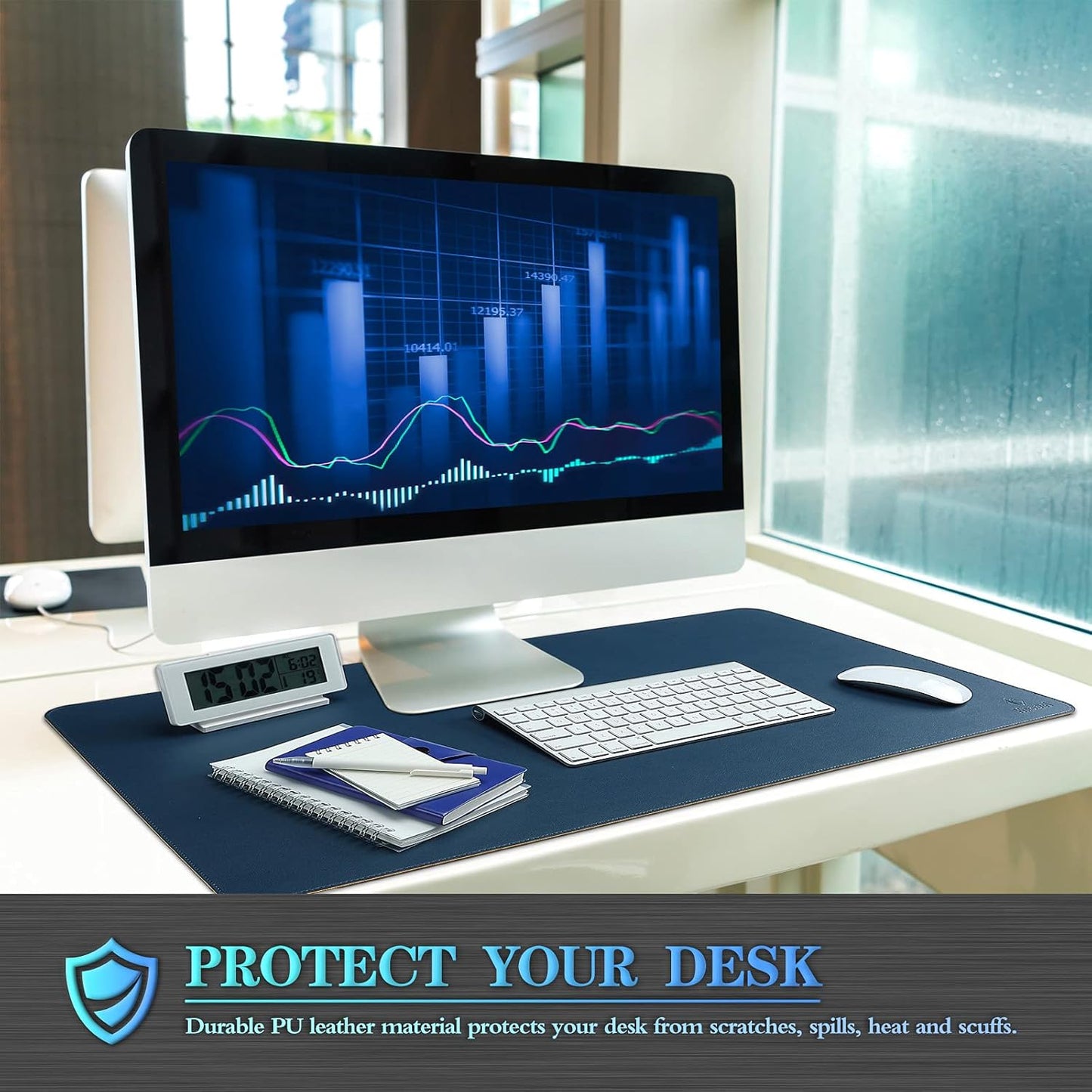 K KNODEL Desk Mat, Blotter, Dual-Sided Office Desk Pad, Waterproof Desk Mat for Desktop, Desk Blotters, PVC Leather Pad Protector (Dark Blue, 31.5" x 15.7")
