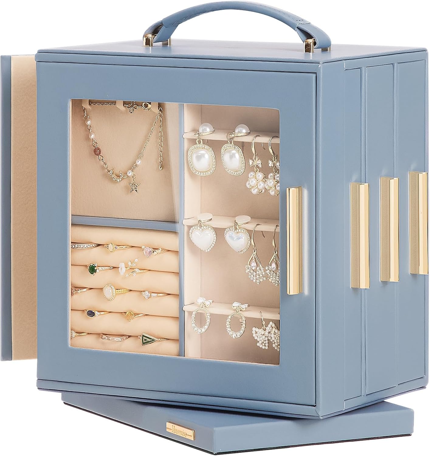 Homde Christmas Gifts Jewelry Box 360° Rotating, Necklace Earring Organizer with Transparent Window, Mirror, 7 Drawers, Large Ring Display Storage Case for Girls Women (Grey Blue)