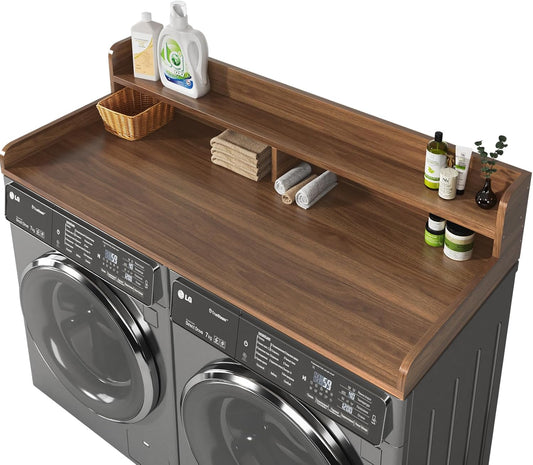 2-Tier Washer and Dryer Countertop,2.75" H Guard,58" W x 28" D Laundry Countertop Cover with Non-Slip Pad,Large Space Laundry Topper for Folding Clothes Over Washer and Dryer-Dark Walnut