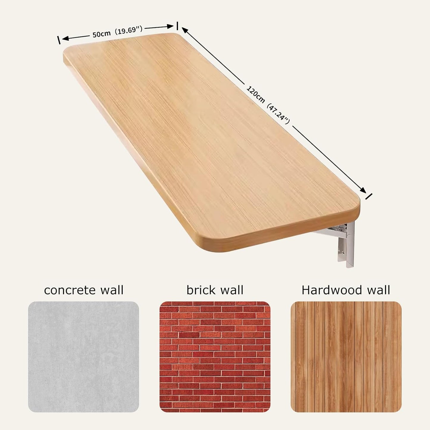 Wall Mounted Folding Wood Table, Folding Table with Heavy Duty Metal for Laundry Collapsible Shelf Brackets, Wall Mounted Desk Fold Down for Small Spaces Wooden 120 * 50cm/47.2”*19.7”