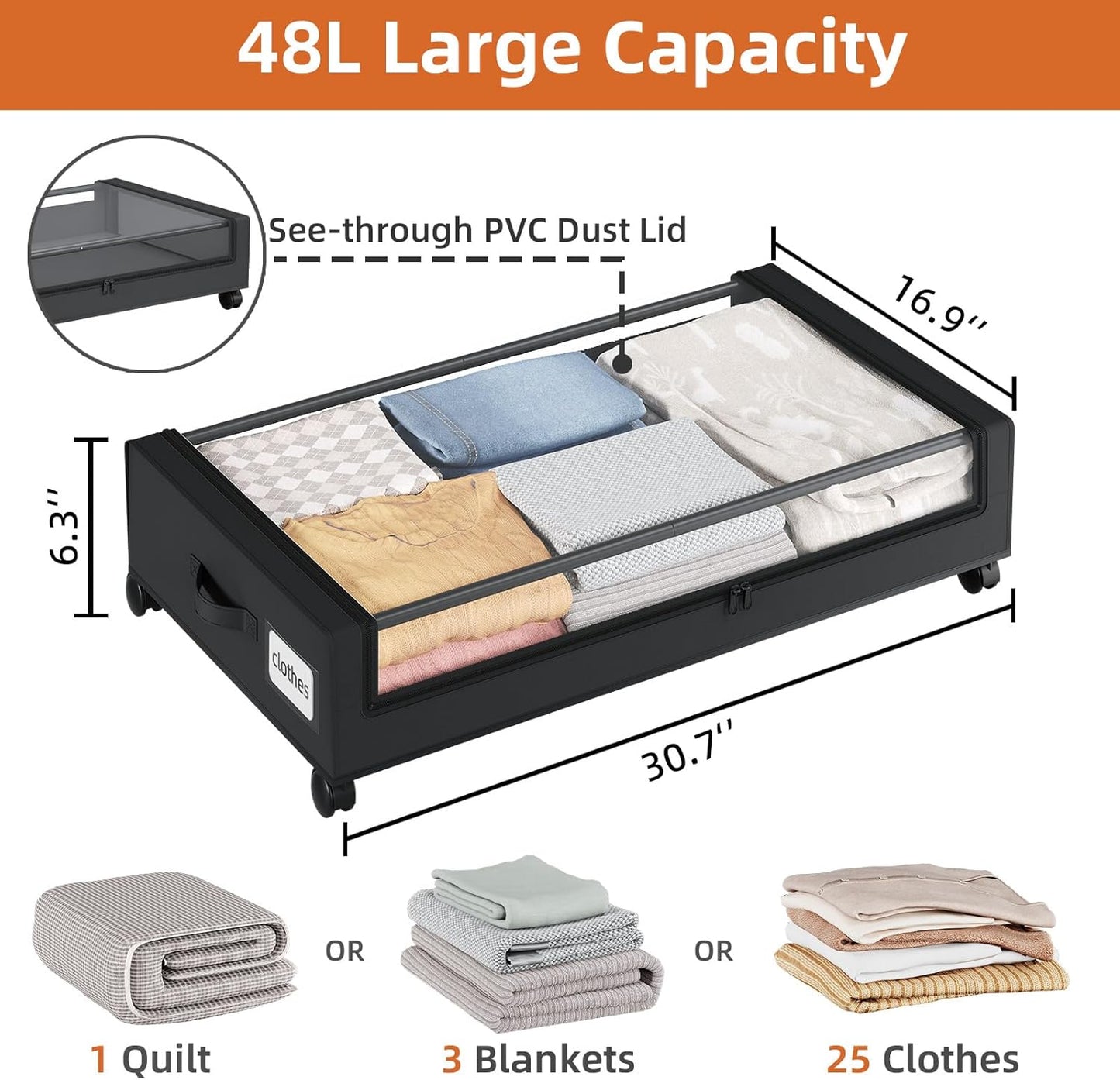 Somdot Under Bed Storage with Wheels, 2 Pack Bed Storage Containers with Dividers & Clear Lids,Easy Pull-out Metal Drawer for Clothes, Shoes,Toys, Blankets (Black)