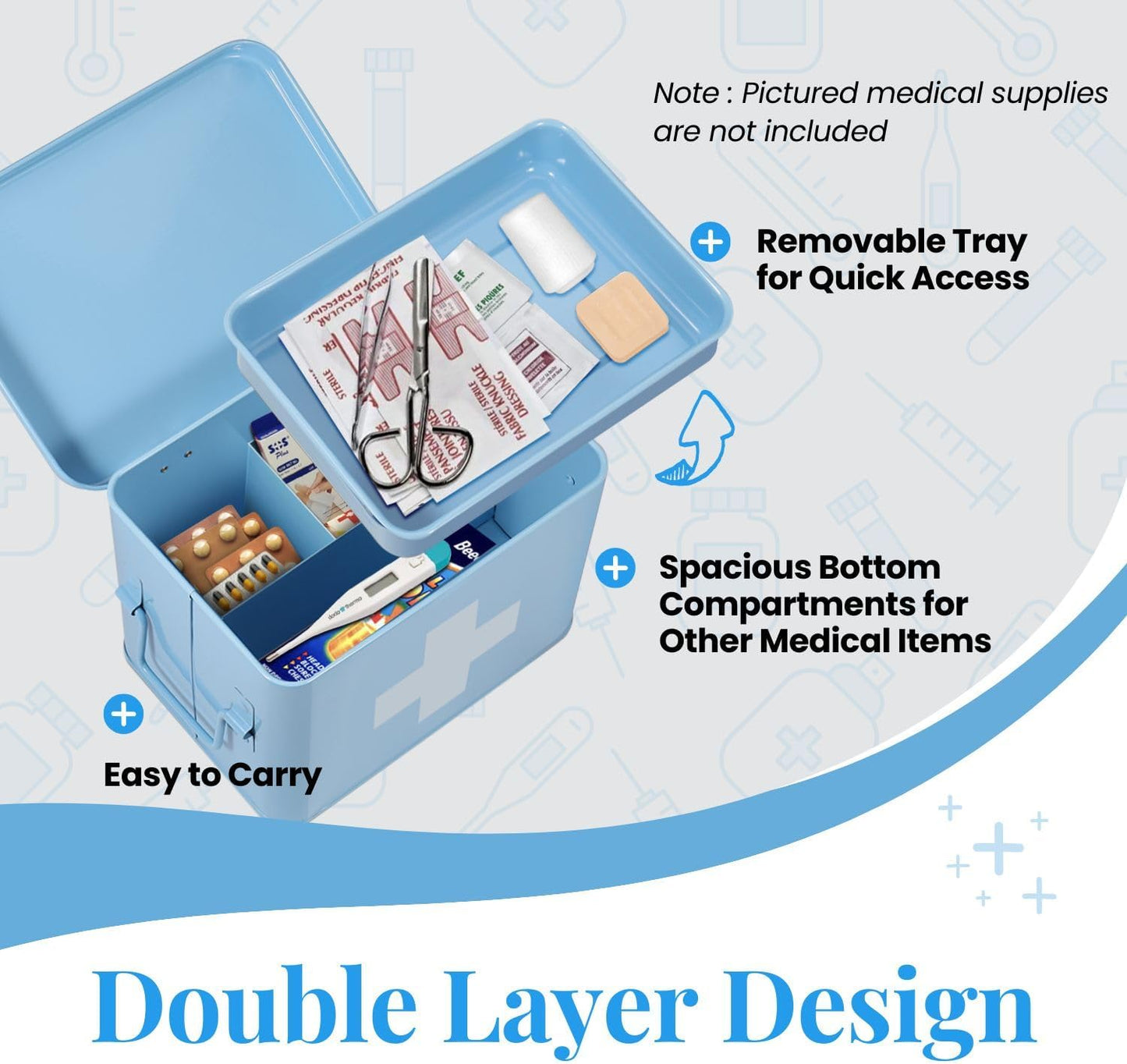 Flexzion First Aid Organizer, 8.5 Inch Blue Vintage Metal Kit Tin With Dividers, Removable Tray and Cross Logo - Empty Medical Storage Container