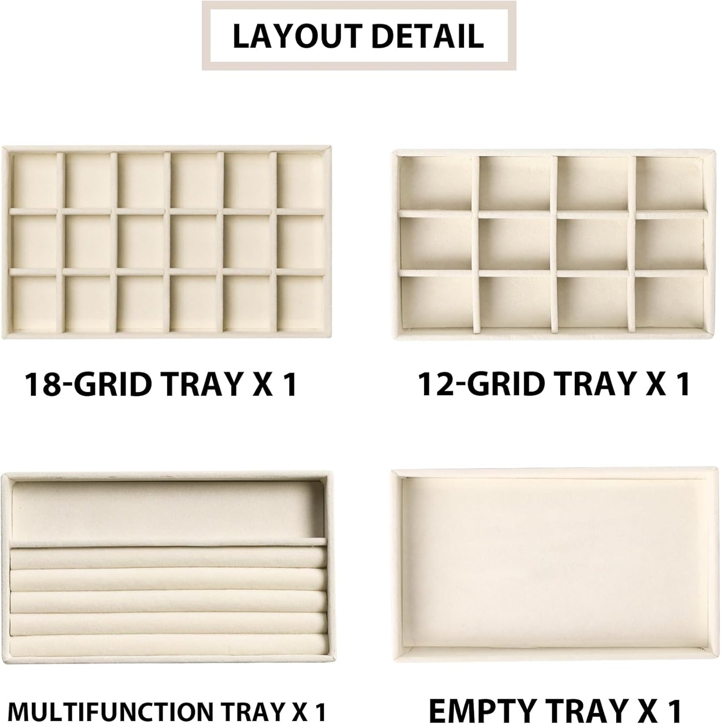 Frebeauty Jewelry Organizer Tray,Stackable Velvet Jewelry Trays,Drawer Inserts Earring Organizer For Women Jewelry Storage Display Case for Rings Stud Necklaces,Set of 4(Beige)