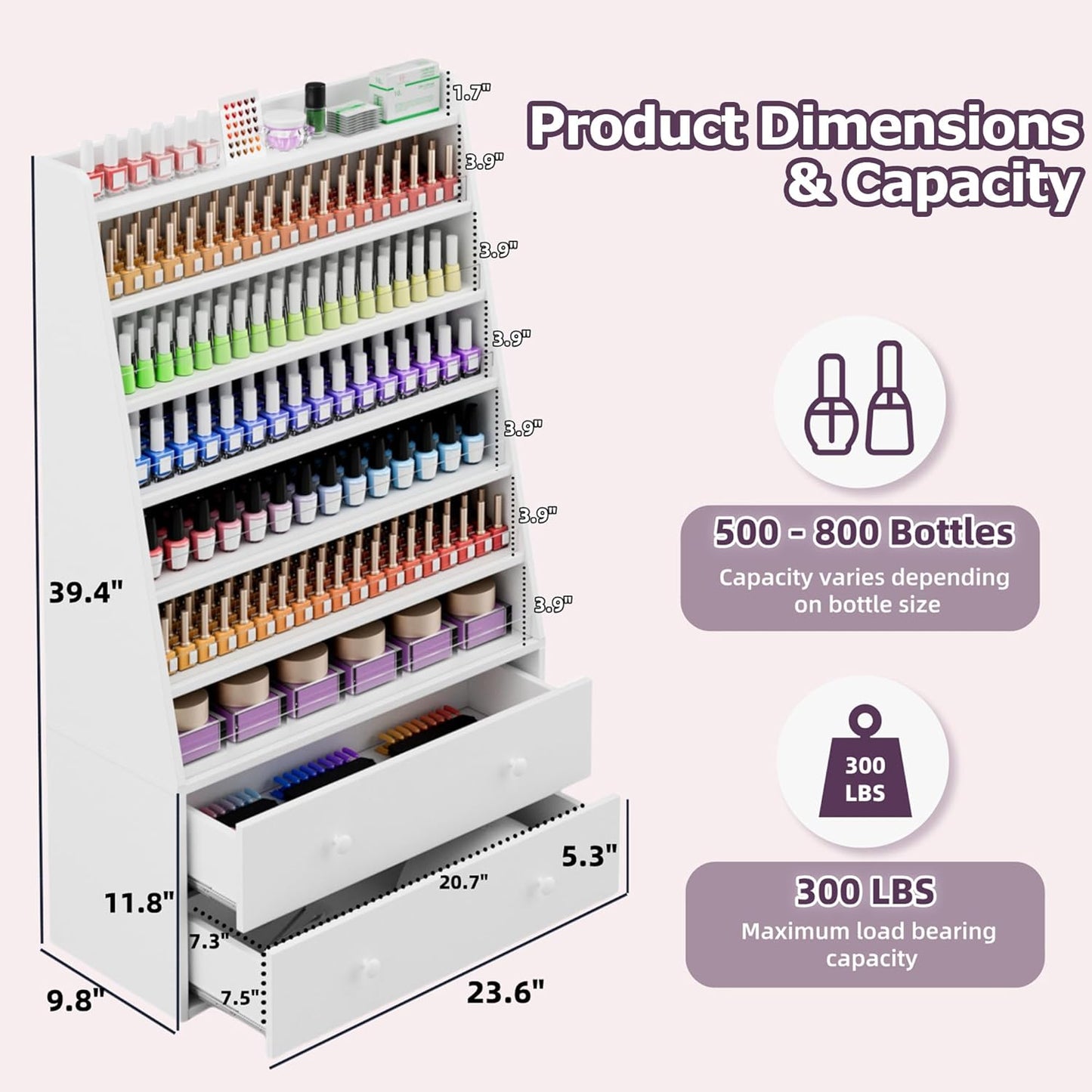 Nail Polish Rack with 2 Drawers, Salon Display & Storage Cabinet with Acrylic Baffle, Holds 700+ Bottles of Polishes, Essential Oils & Perfumes, Suitable for Nail Salon & Beauty Store, White
