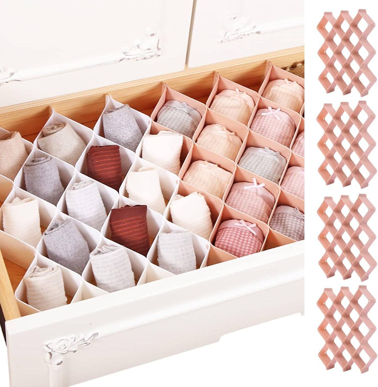 ROUFA Sock Drawer Organizer for Dresser, Honeycomb Underwear Dividers for Women, Panty Separator for Bras, Socks, Belt and Leggings (24pcs.Pink)