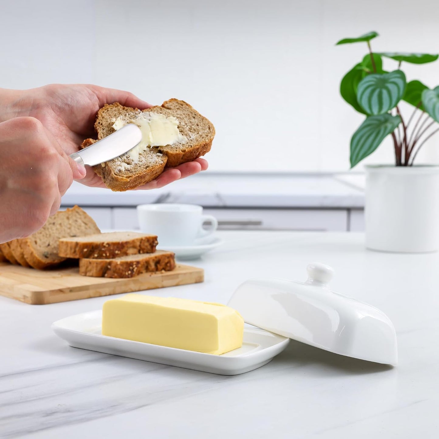 Zulay Kitchen Butter Dish With Lid For Countertop - Porcelain White, Ceramic Butter Dish with Knob Handle Great for Cooking - Elegant Design Butter Holder - Durable & Sturdy Butter Keeper - White