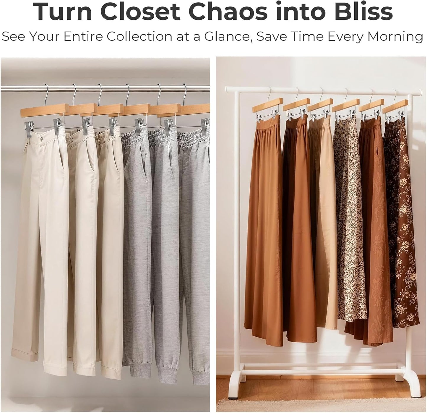 HOUSE DAY Premium Wooden Pants Hangers 15 Pack, Solid Lotus Wood Skirt Hangers with 2-Adjustable Clips, Heavy Duty & Anti Slip Wood Bottom Hanger for Slacks, Jeans, Trousers, Shorts (Natural)