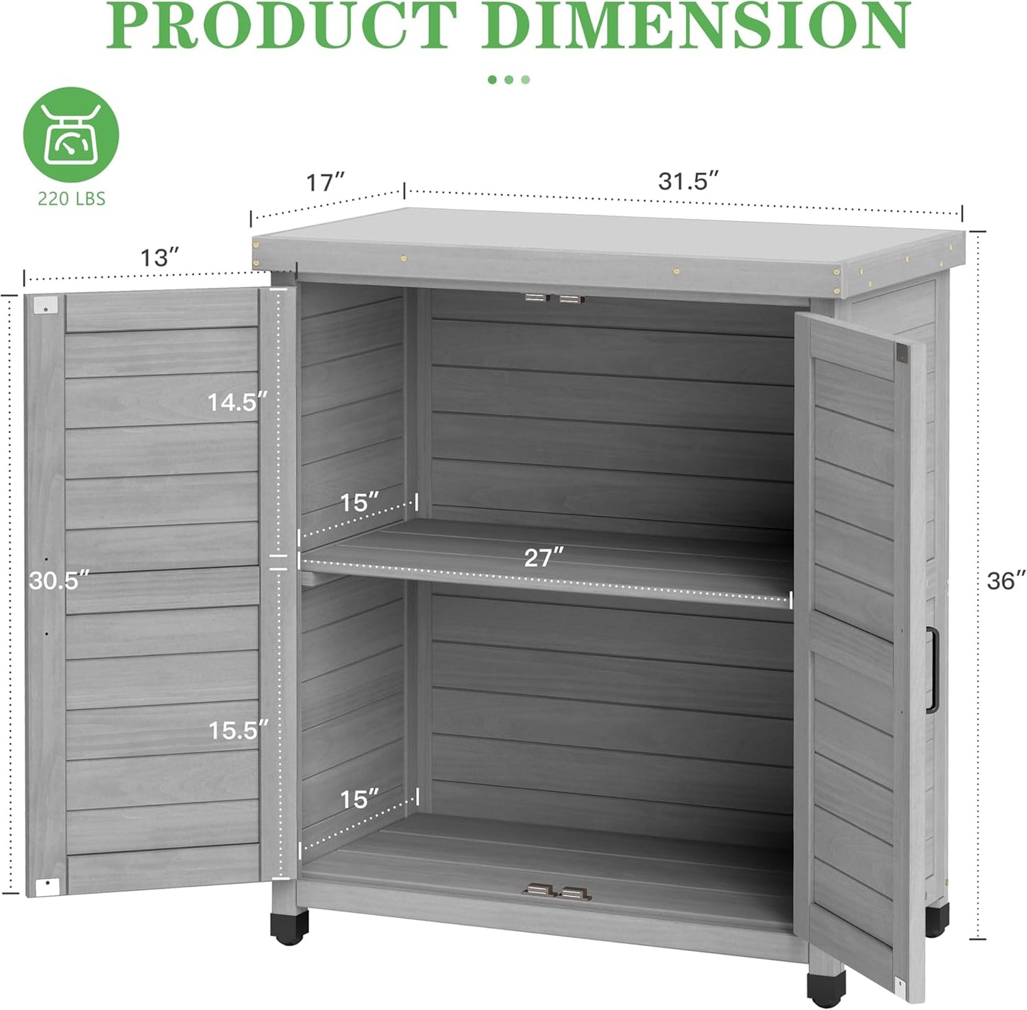Outdoor Potting Bench with Storage Cabinet and Metal Top, Wood Workstation for Outdoor Patio, Garden (Dark Grey, 31x17x36‘’)
