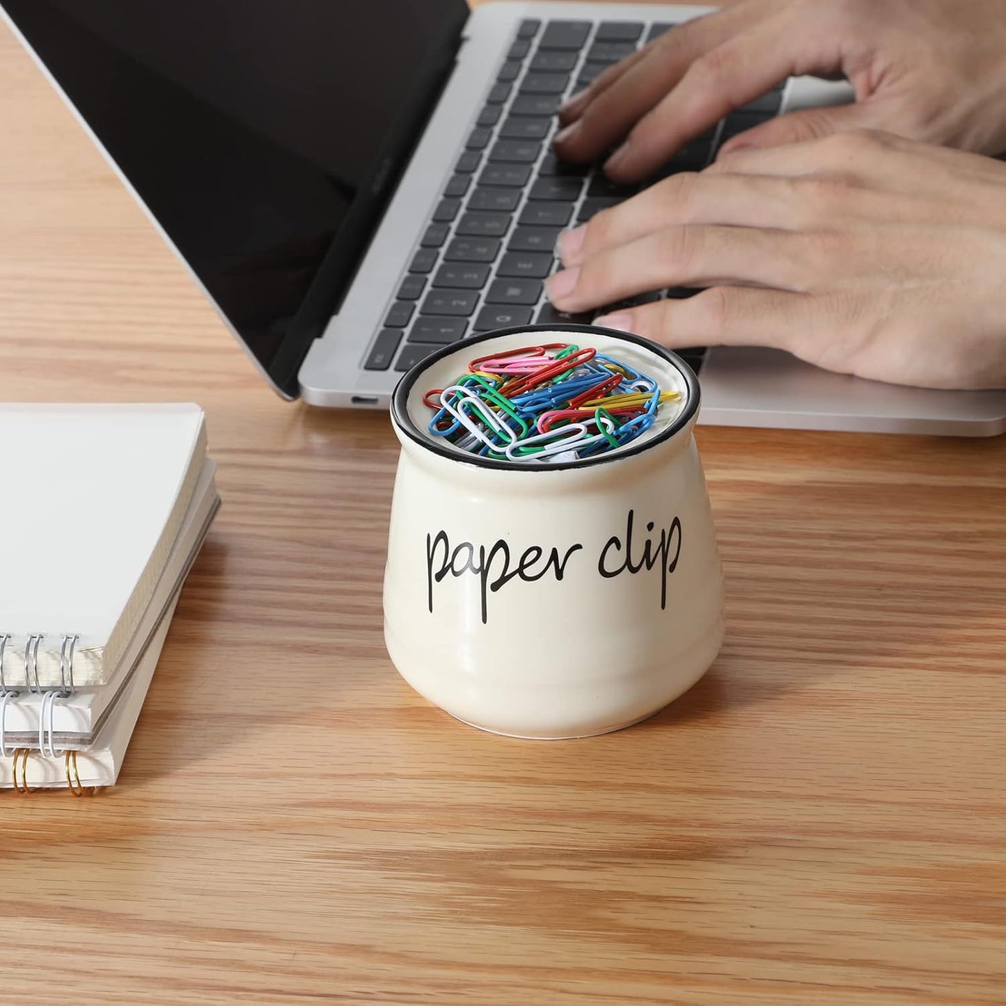 ONTUBE Farmhouse Paper Clip Holders,Ceramic Binder Clip Dispenser Organizer for Desk ,Cute Office Push Pins Holder,12 oz (Beige)
