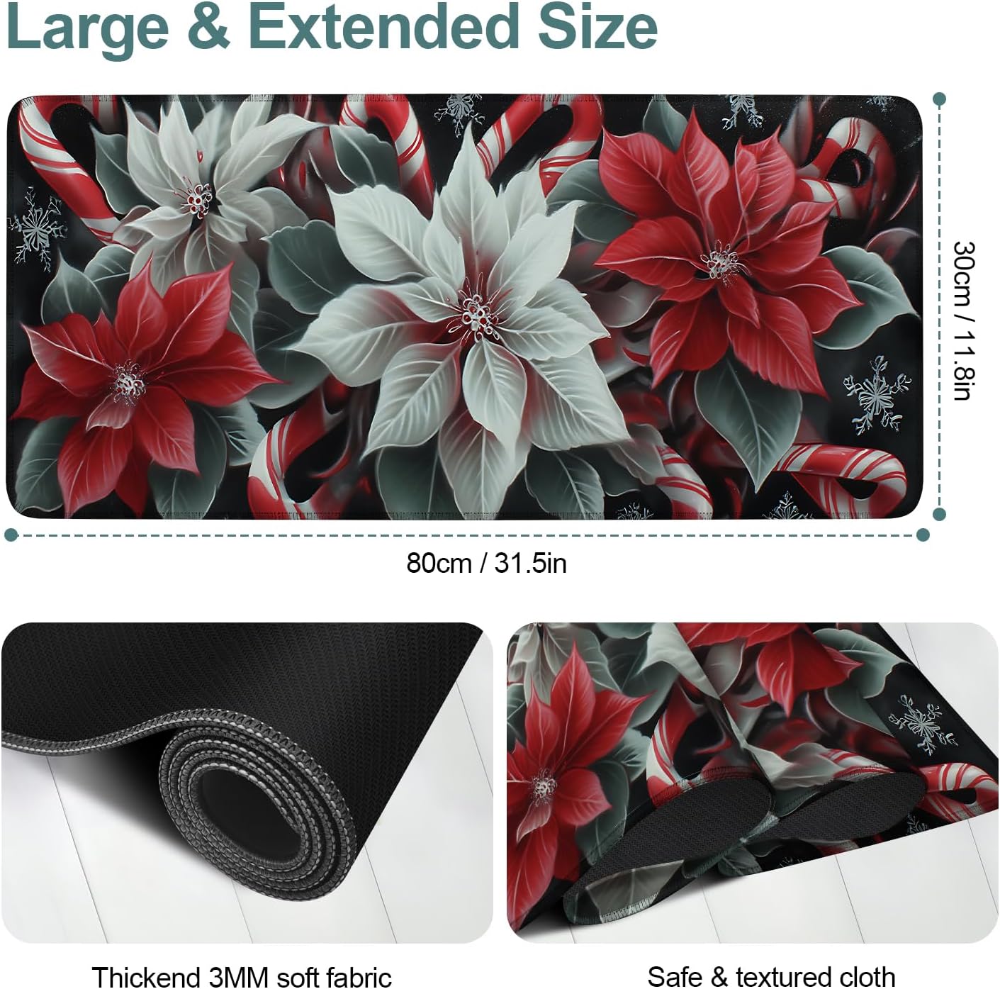 Christmas Flowers Gaming Mouse Pad 31.5"x11.8"Desk Mat Anti-Slip Rubber Base & Durable Stitched Edges for Gamers Smooth Mouse Writing Surface for Desk Office/Home