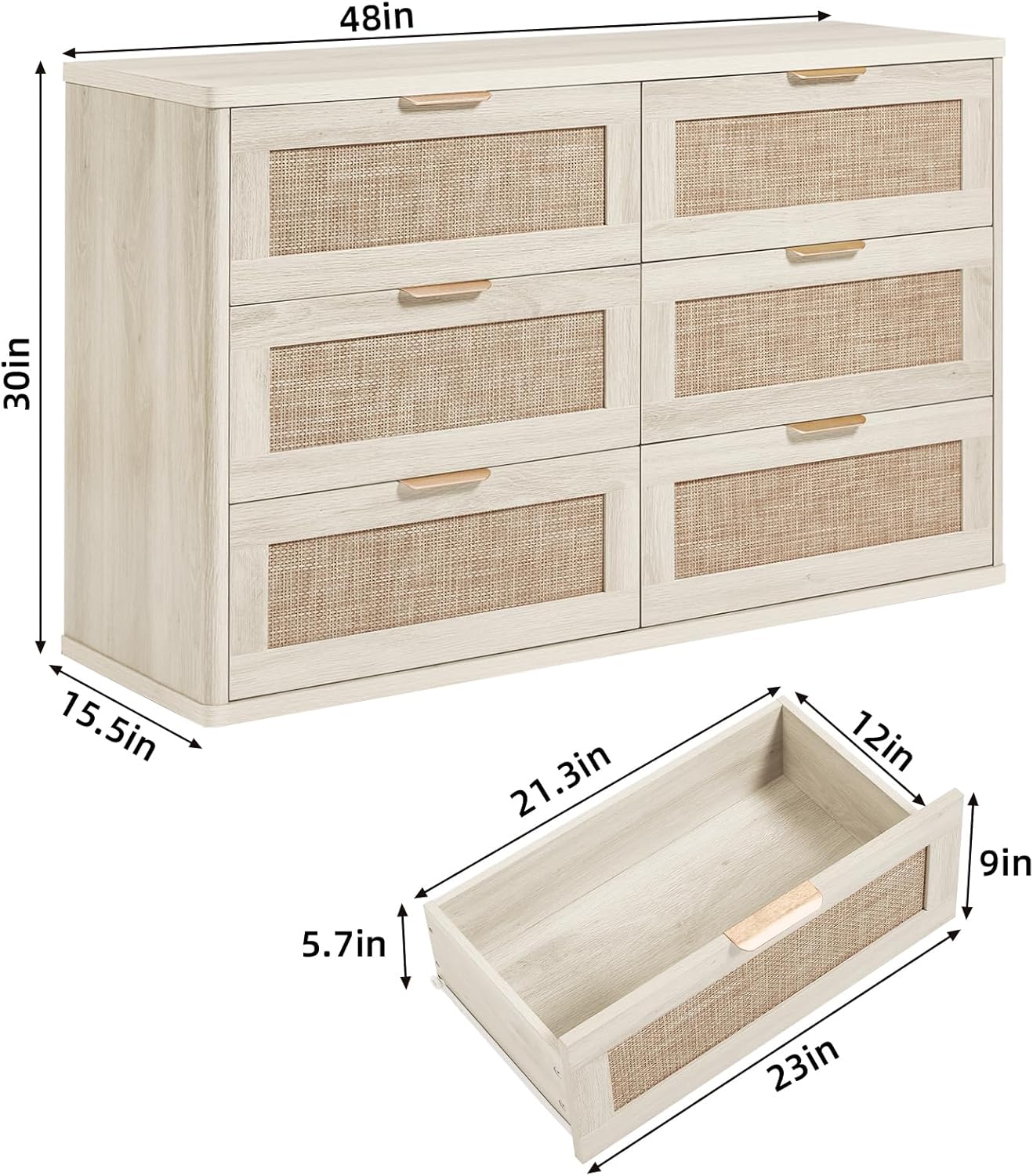 LEYAOYAO Rattan Dresser for Bedroom Set of 2, Boho 48" Wide White Dresser Chest of Drawers, Dressers TV Stand with Metal Handle, Storage Dressers Closet Organizer for Living Room, Hallway
