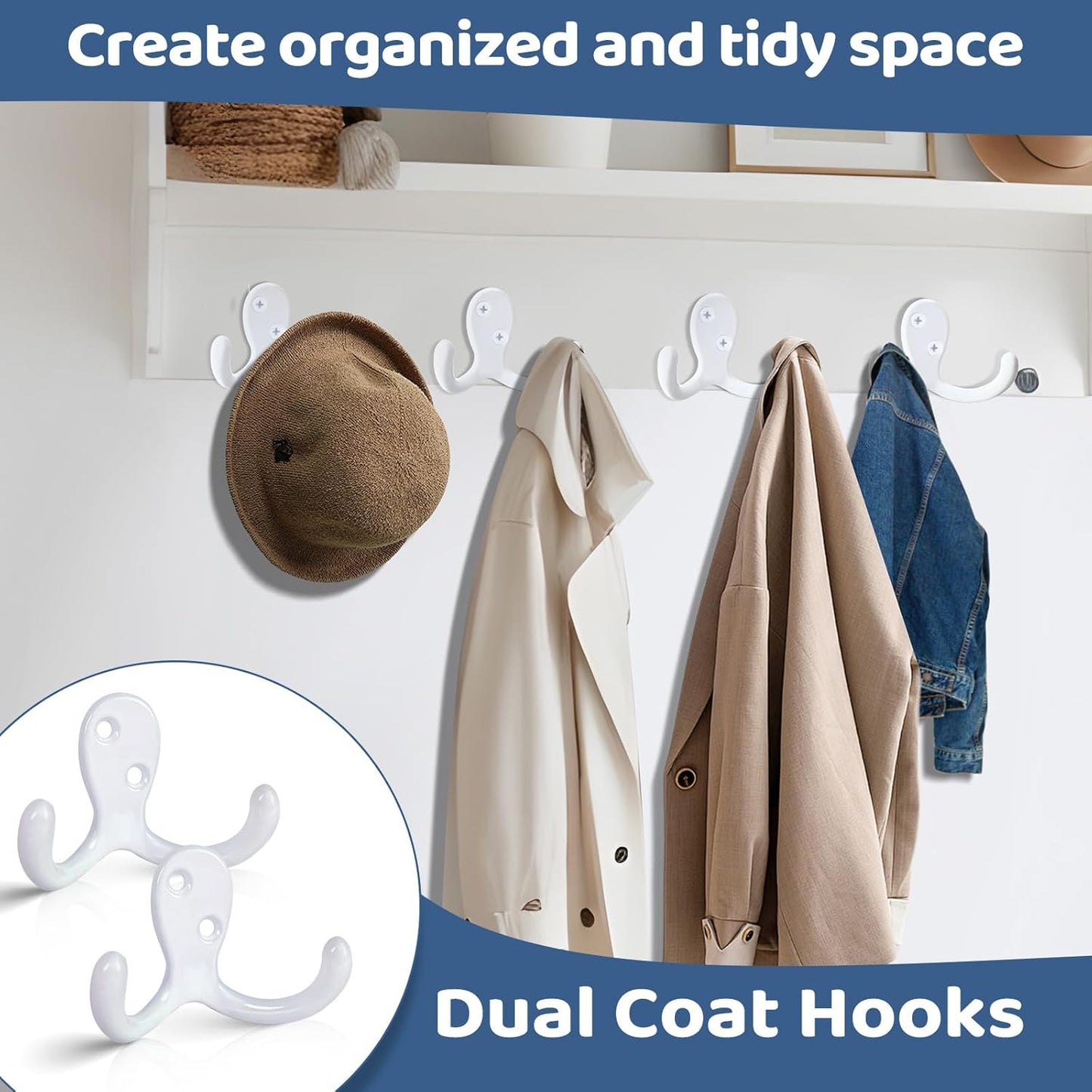 15Pack Coat Hooks Wall Hooks for Hanging, Heavy Duty Double Prong Metal Hook Wall Mounted for Living Room, Bathroom, Kitchen, Bedroom for Coat, Bag, Scarf, Towel, Hat, Key, Cup (White)