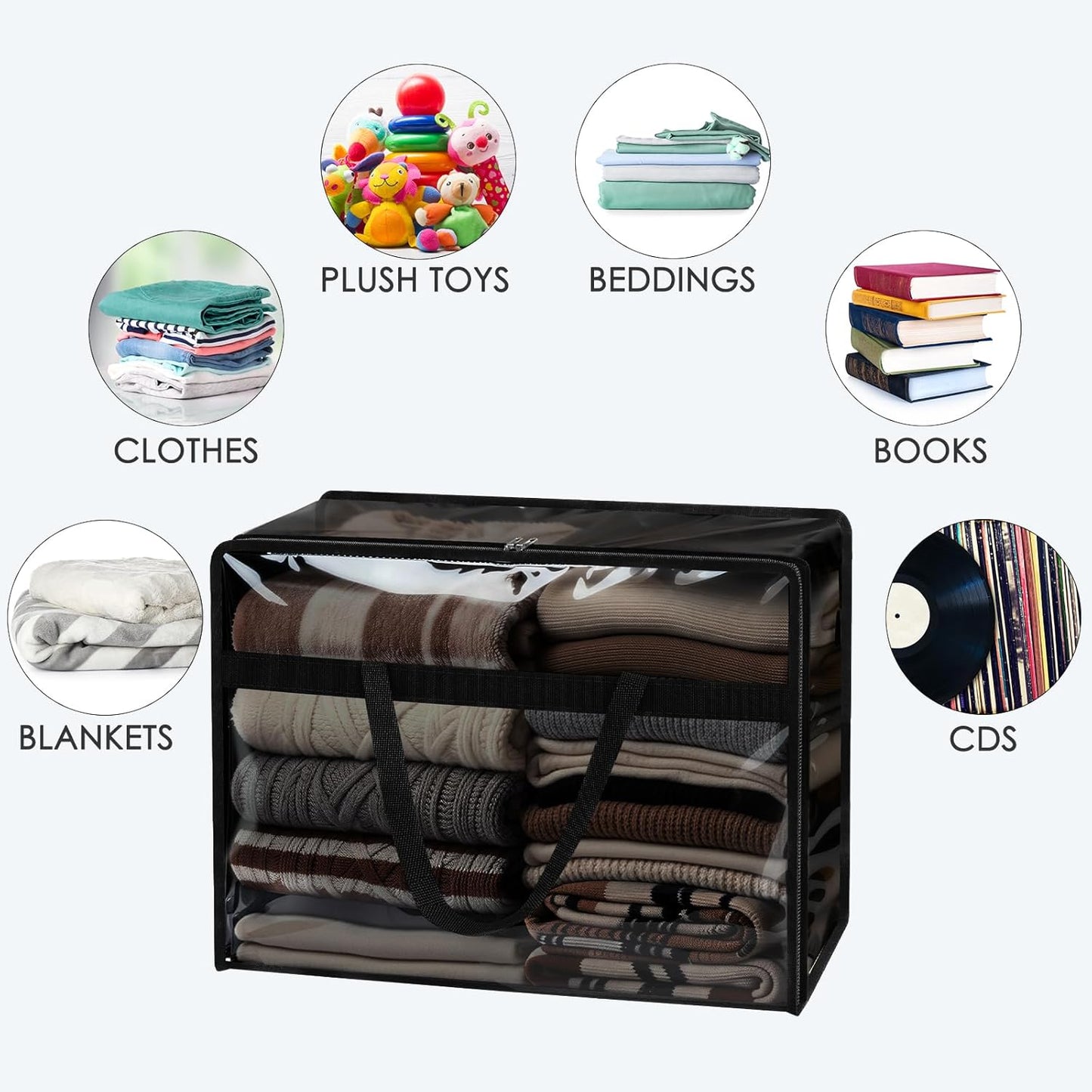 SGHUO Clothes Storage Bags 60L Extra Large Plastic Moving Bag for Comforter, Bedding, Blanket Storage Bags with Zipper and Reinforced Handle (4pcs, Black)