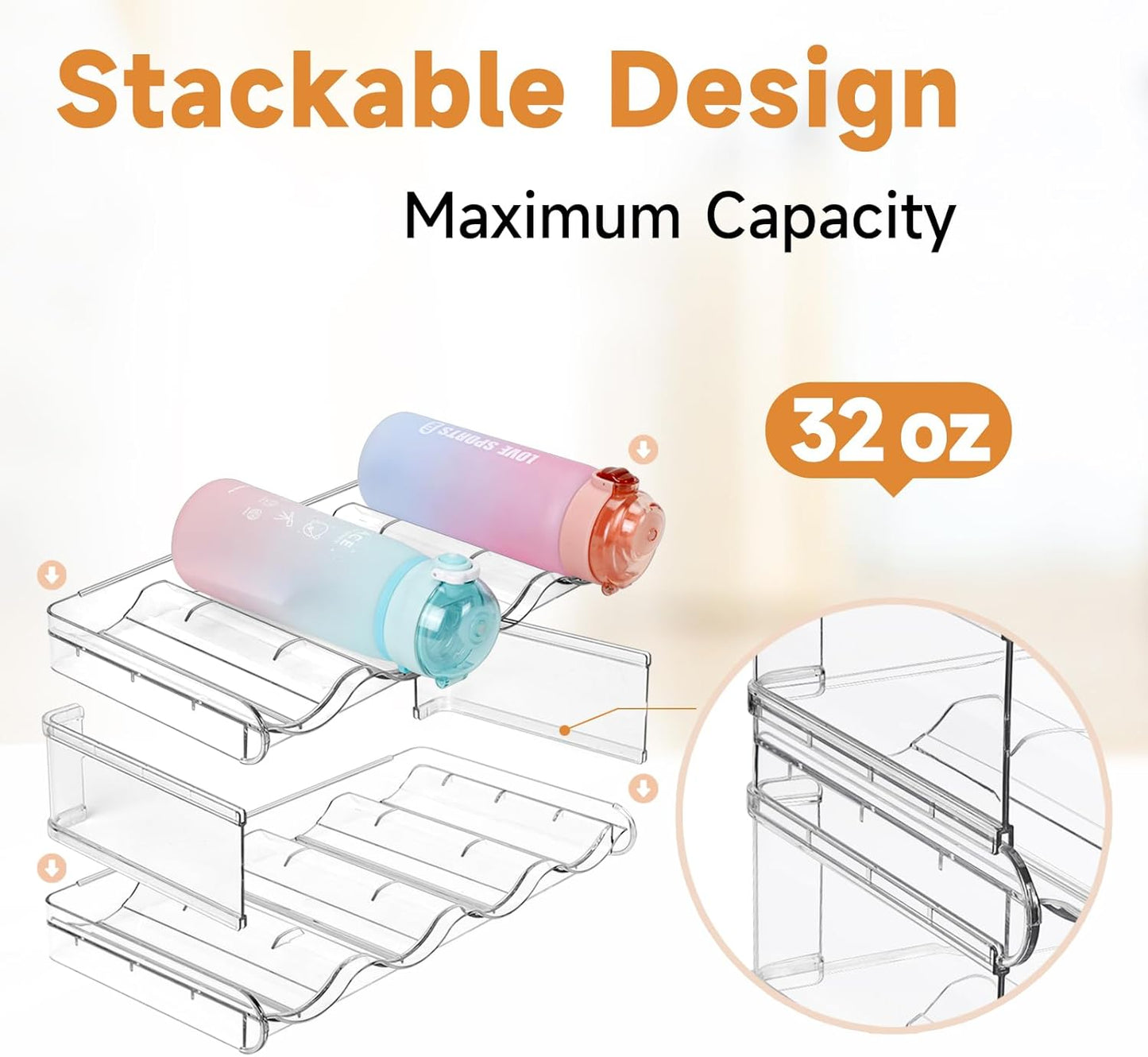 Stackable Water Bottle Organizer, SPOSPO Large Compartment Water Bottle Holder, 2 Tier Clear Water Bottle Organizer for Cabinet, Water Bottle Rack for Kitchen Organization and Storage - Hold 8 Bottles