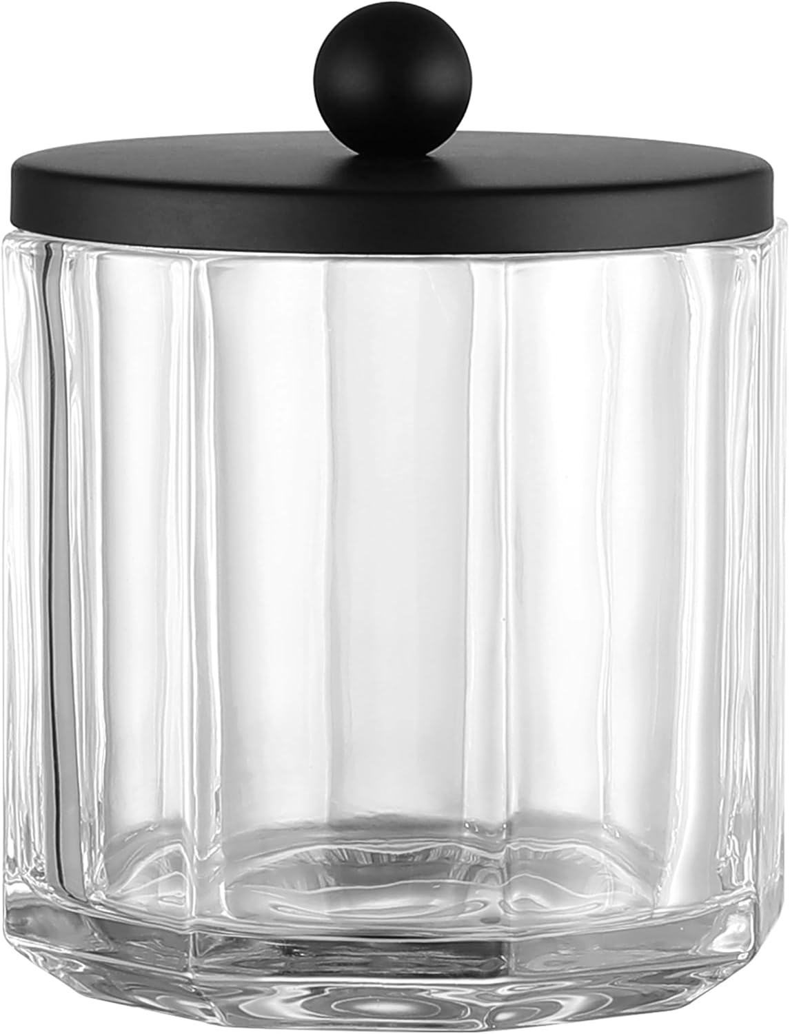 Clear Transparent Apothecary Octagional Shaped Glass Canister Jar With Matte Black Metal Lid Cover for Bathroom Organization, Cotton Balls, Q Tips, and Small Accessories, Bath Storage