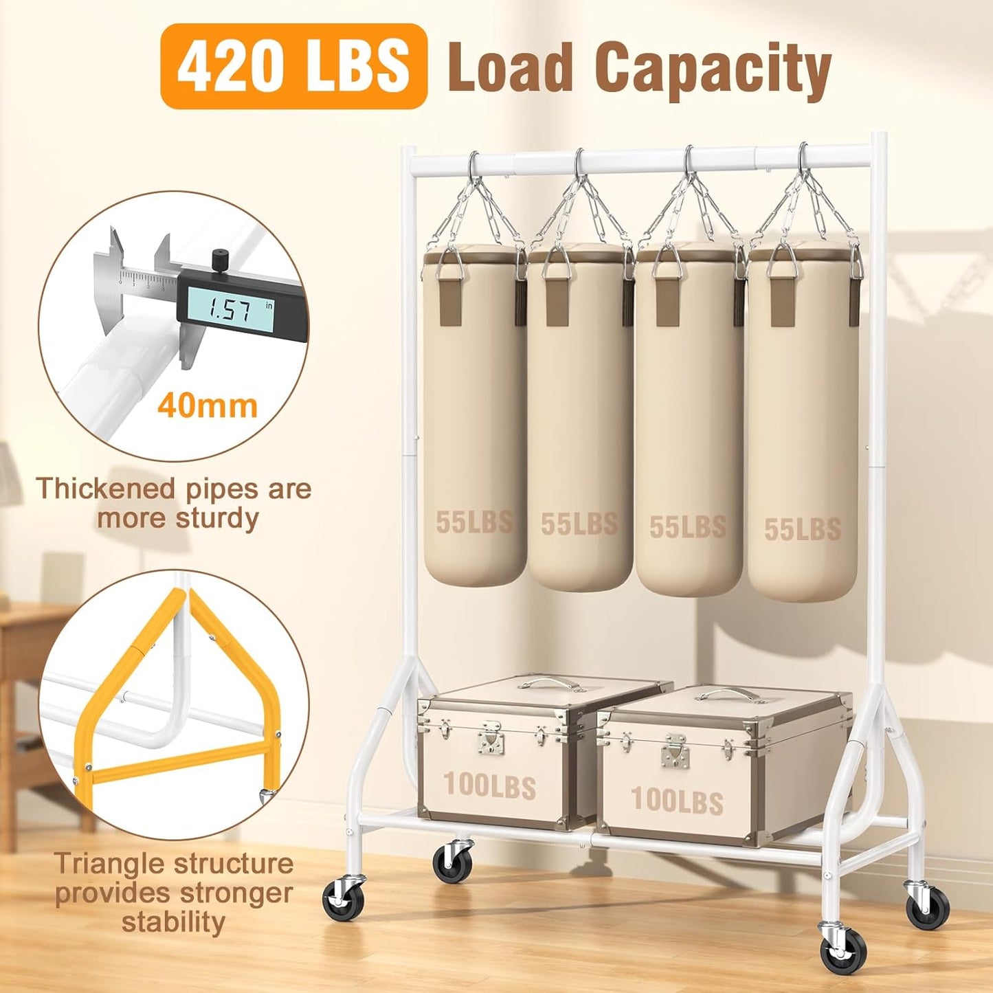 EAGMAK Heavy Duty Clothes Rack Load 420 LBS, Rolling Garment Rack with Lockable Wheels, Standing Metal Clothing Rack with Shelves, Portable Wardrobe Sturdy Coat Rack for Hanging Clothes (White