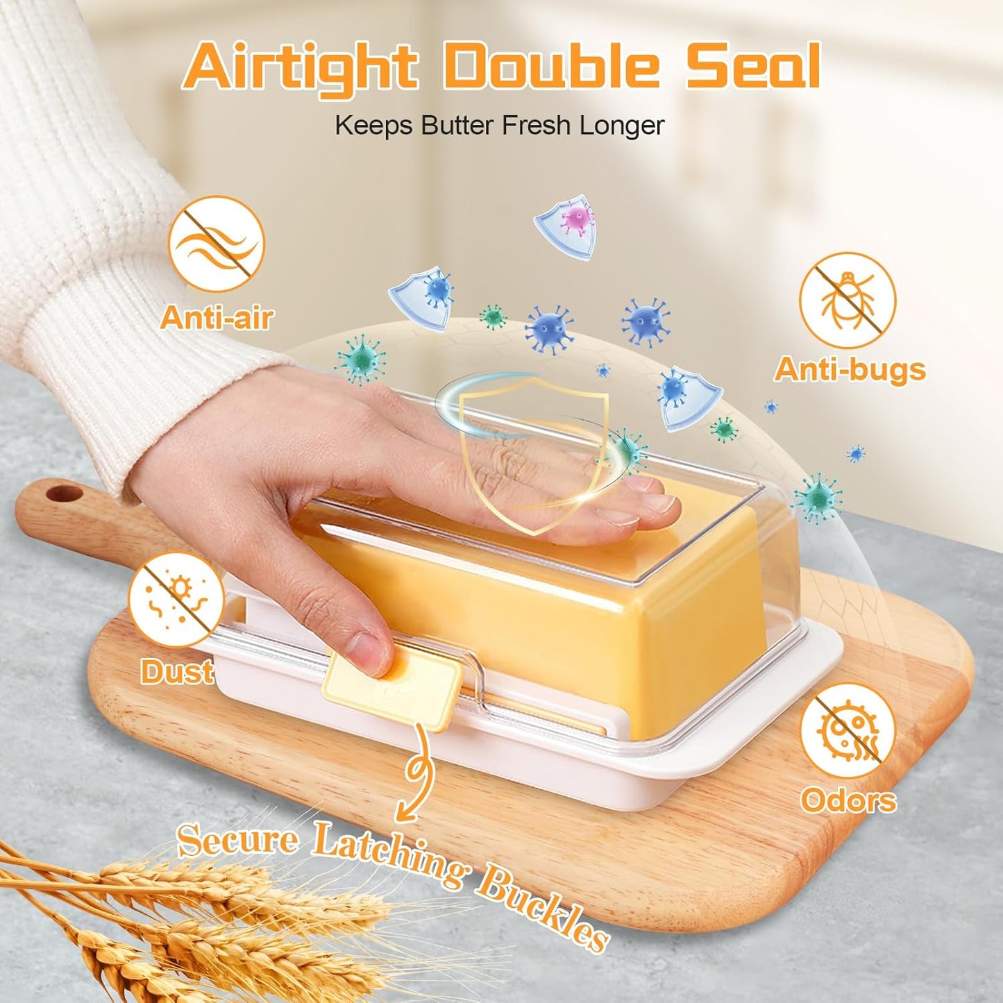 White Airtight Butter Dish with Lid for Countertop, Stylish Container with Cutter Knife, Large Capacity Stick Holder for East/West Coast Butter, Keeper&Tray Fit Refrigerator or Camping Use