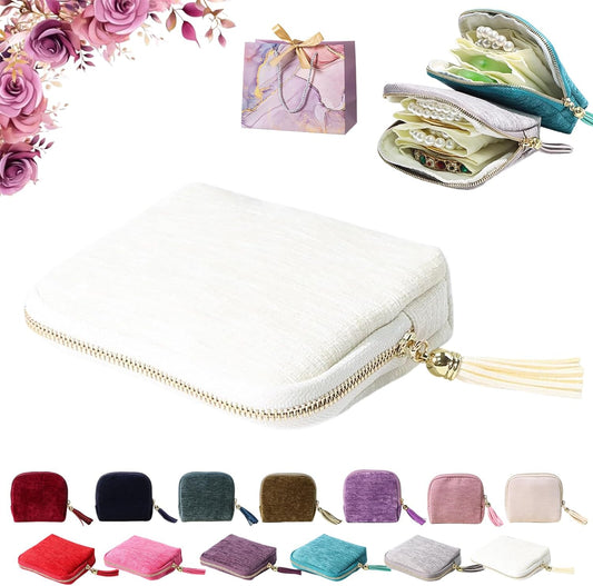 Travel Jewelry Case, Portable Jewelry Storage Bag, Compact Foldable Five Compartments Organizer Pouch with Zipper & Tassel for Earring Necklace Ring Bracelet (White)