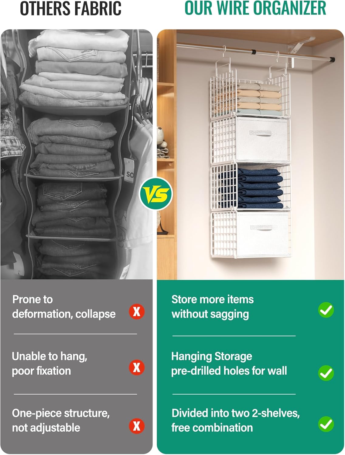 Hanging Closet Organizer with Drawers, 4 Tier Metal Closet Organizers and Storage with 4 Hanging Hooks 4 S-Hooks for Wardrobe Laundry Room, Wire Storage Shelf for Clothes Sweaters Pants (White)