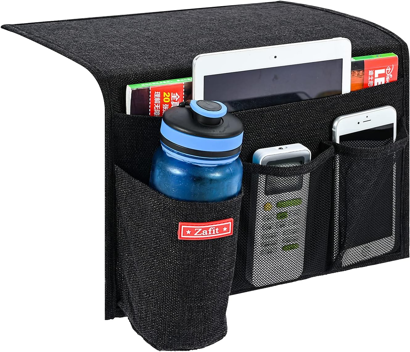Linen 4 Pockets Bedside Caddy, Bedside Storage Organizer with Water Bottle Holder for Magazine, Remotes, Phone (Black)