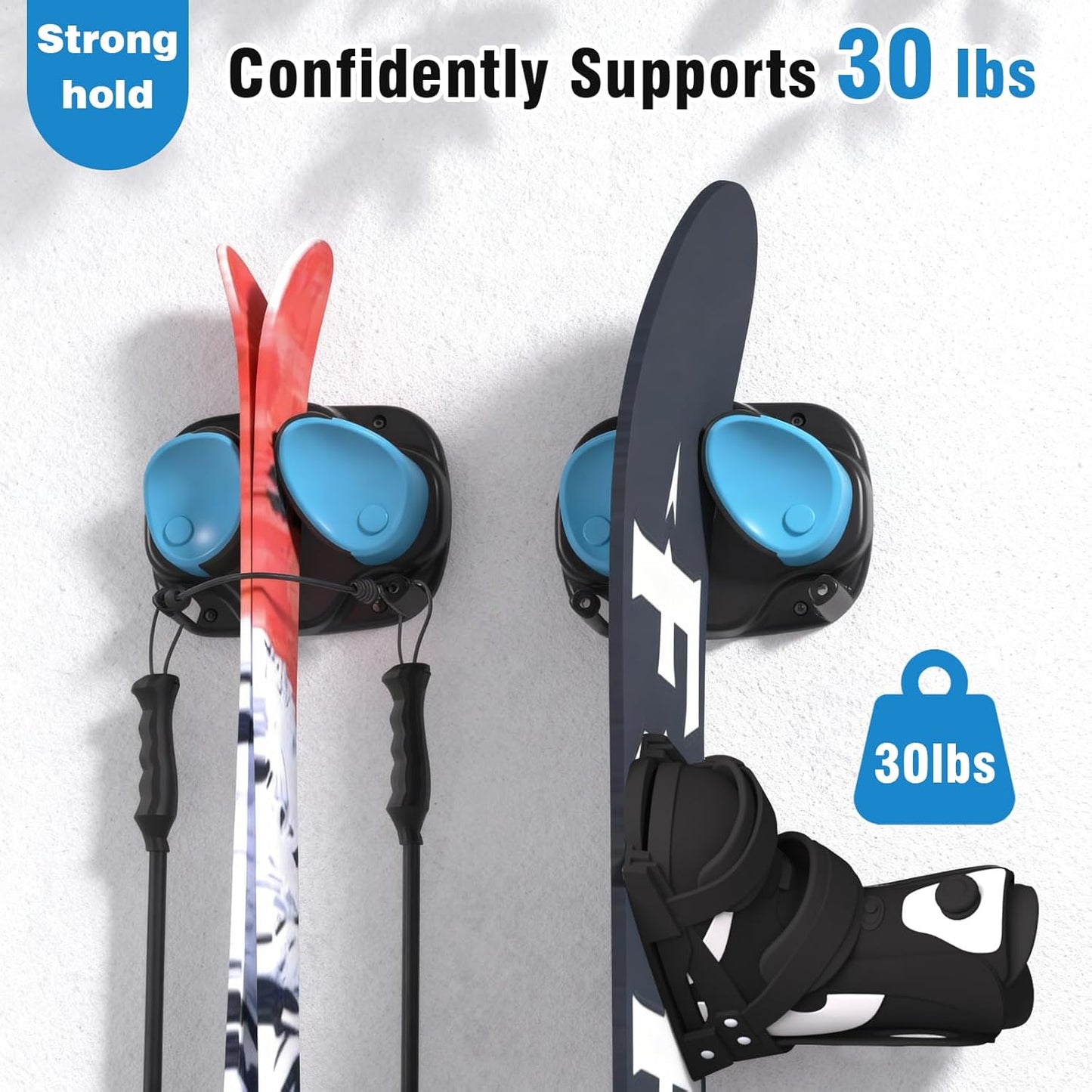 WDZREE Ski & Snowboard Wall Rack for Garage, Fits Any Ski or Board, Ski Wall Mount Garage Organization Holders, Damage-Free Storage Rack, Space-Saving Clamp Winter Gear Organizer, Blue (Blue, 1 Pack)