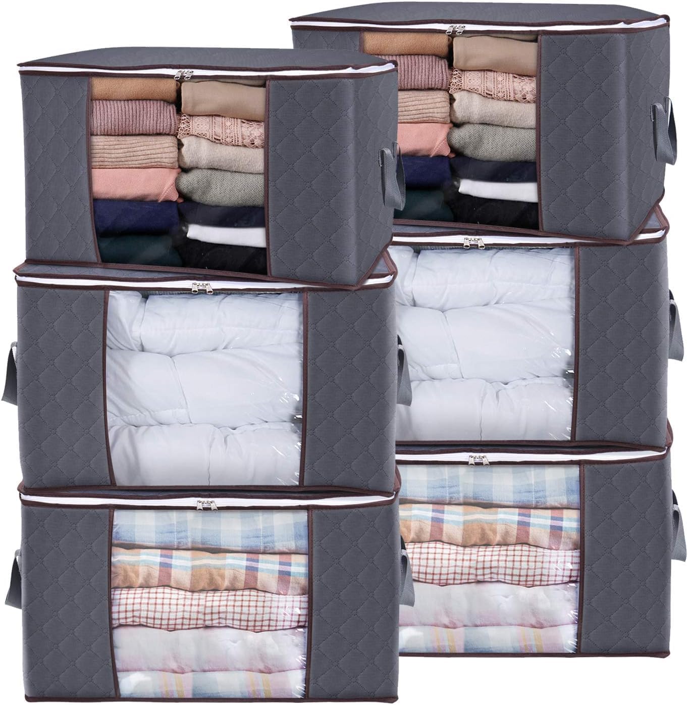 Large Clothes Storage Bags 8 Pack, Foldable Closet Organizers with Durable Breathable Fabric & Clear Window for Blankets, Comforters, Pillows, Bed Sheets, Toys & Seasonal Clothing (Gray)