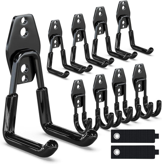3-H Heavy Duty Garage Hooks 10 Pack, Garage Wall Hooks with Extra Welding Spots,Wall Mount Storage Organizer for Hanging Garden Lawn Tools, Chair, Shovel, Blower (Black)