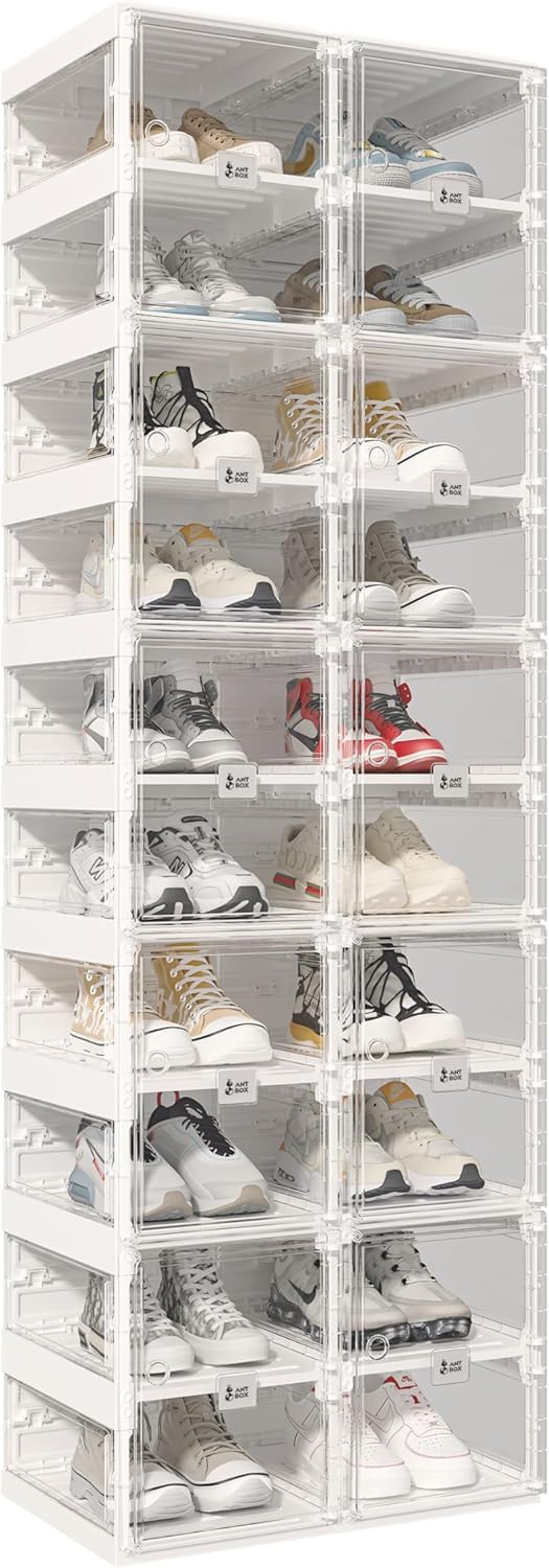 ANTBOX Foldable Shoe Rack,Shoe Organizers for Closet Plastic Shoe Storage Box Space Saving for Entryway, Large Sturdy Stackable Sneaker Cabinet Bins with Magnetic Clear Door 10 Tiers 20 Pairs