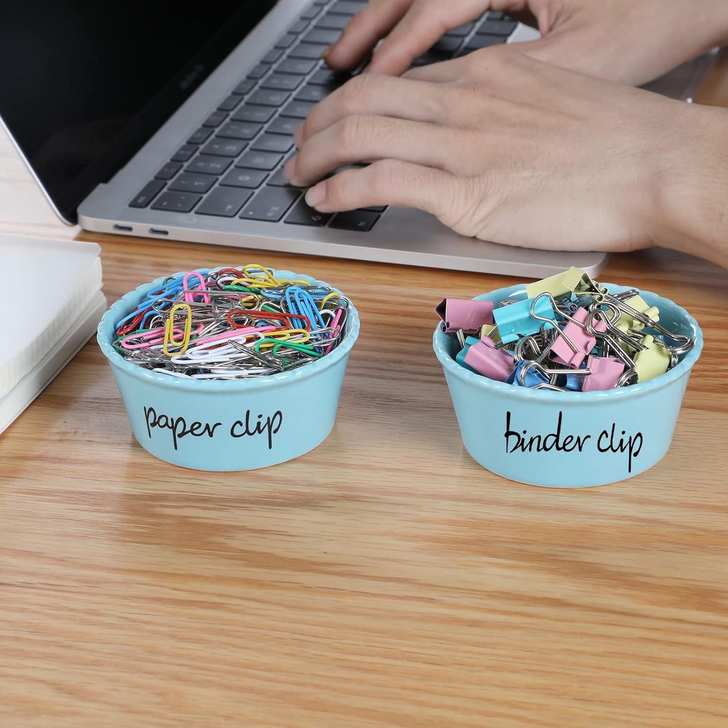ONTUBE Ceramic Paper Clip Holder and Binder Clip Holder Set (Turquoise)