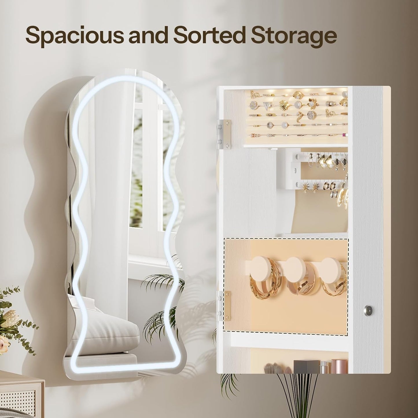 HOOBRO LED Mirror Jewelry Cabinet, Wall/Door Mounted Jewelry Organizer, Jewelry Aromire with Wavy Mirror Full Length, Lockable Cosmetics Storage Cabinet, Interior Mirror, 16.5" x 4.1" x 43.3", White