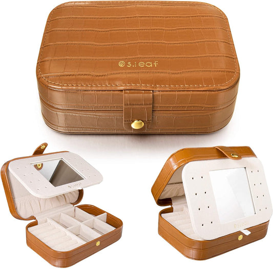 S.Leaf Travel Jewelry Organizer Boxes for Women Small Portable Necklace Earrings Bracelet Rings Travel Case Best Friend Birthday Gifts for Women Trendy (16_Crocodile_Brown_Big)