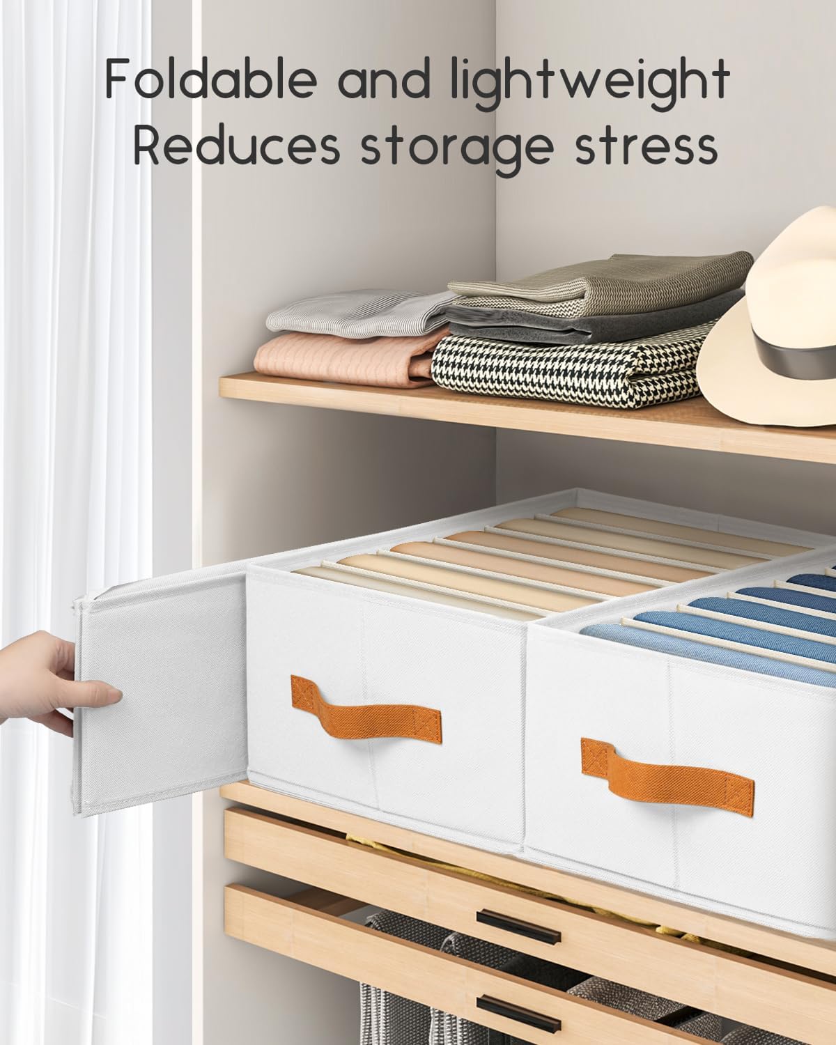 Closet Organizers and Storage - Fabric Clothes Organizer with Handles, Foldable Jeans Organizer for Clothes, Drawer Organizer for Shirts, Bra, Sweater, Scarf, 4 Pack, White