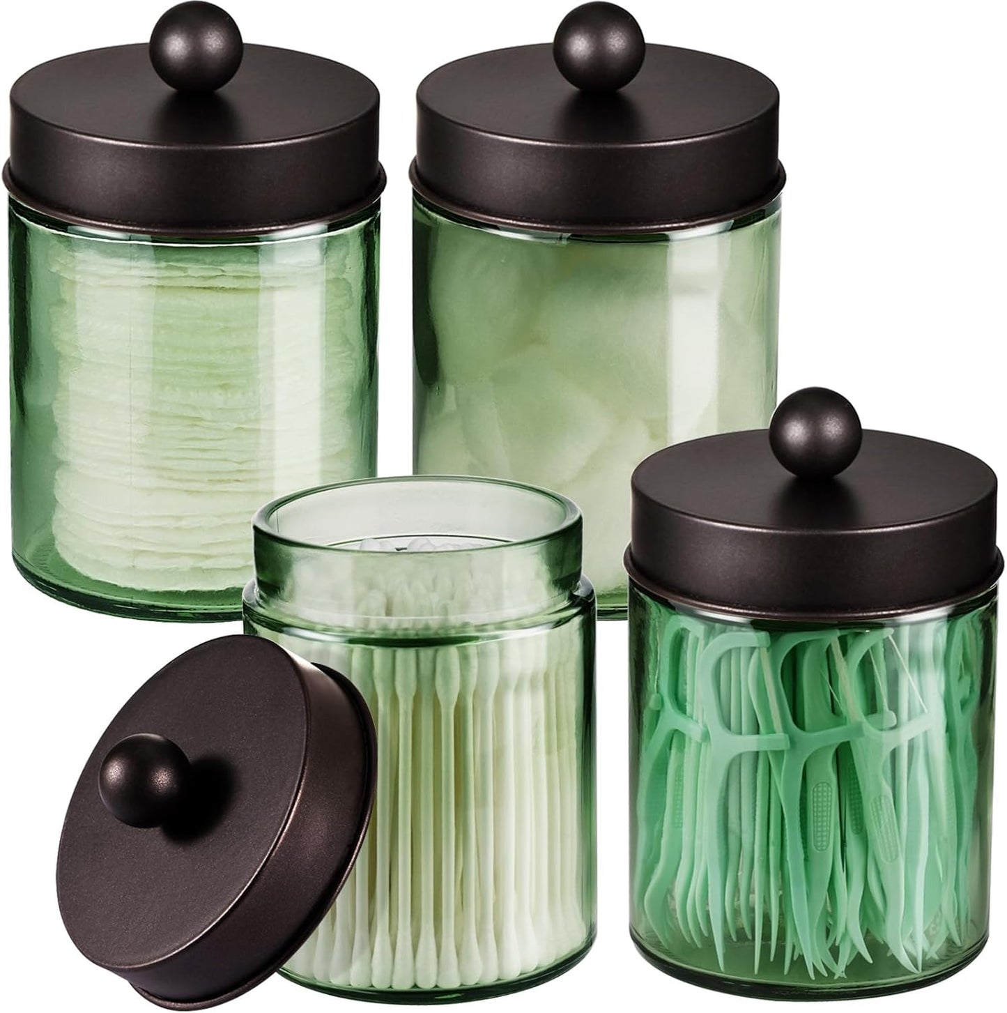 Amolliar Sage Green Apothecary Glass Jar With Metal Lid & Stickers, Bathroom Qtip Holder Storage Canister, Farmhouse Decor for Cotton Balls, Cotton Swabs, Makeup Pads, Bath Salt, Floss, Bronze 4 Pack