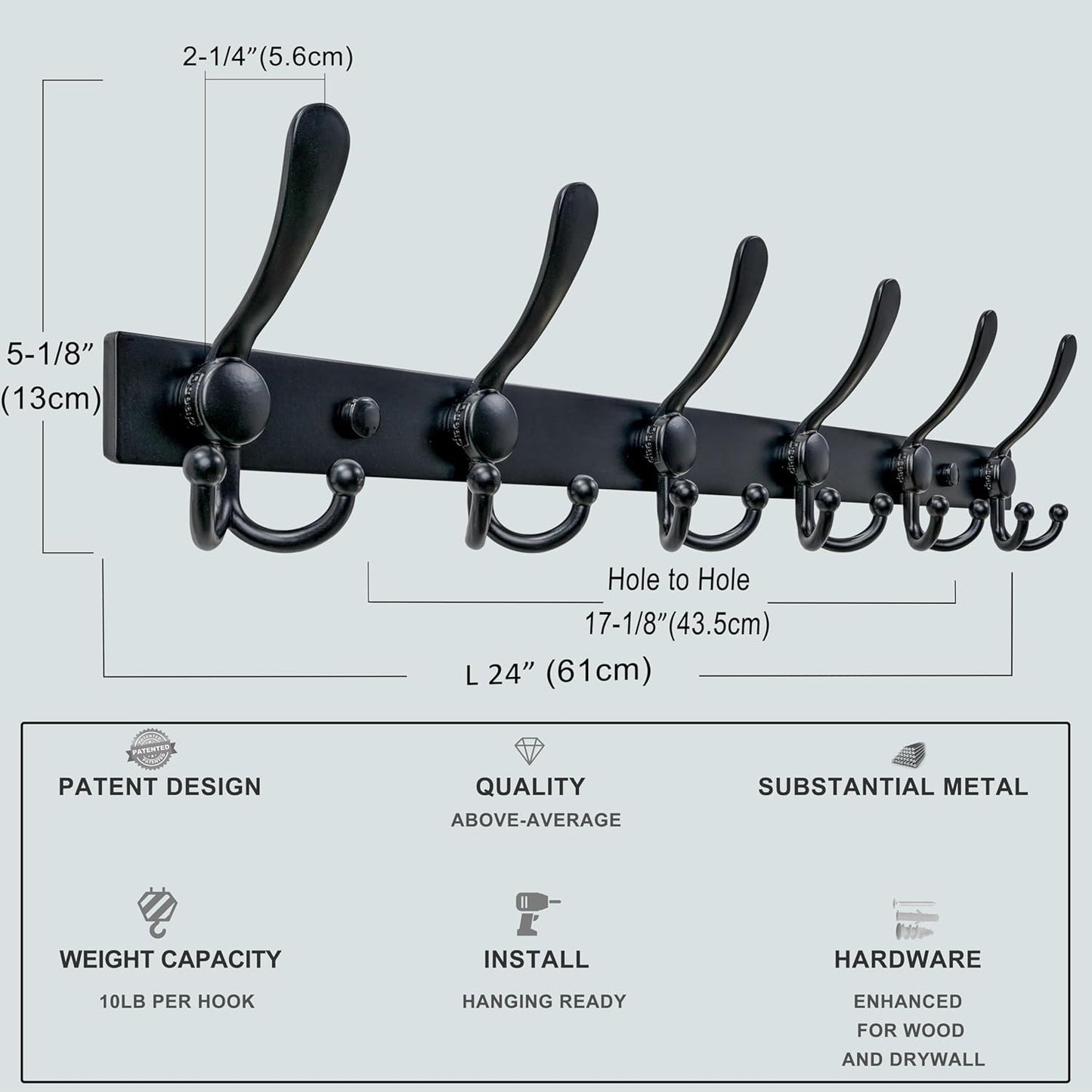 Dseap Coat Rack Wall Mount 2.0 Pro: 24” Long, 3X Tougher, Heavy Duty Stainless Steel Wall Coat Hanger with 6 Tri Hooks for Clothes Jackets Hats Entryway Closet, Black, Pack of 2
