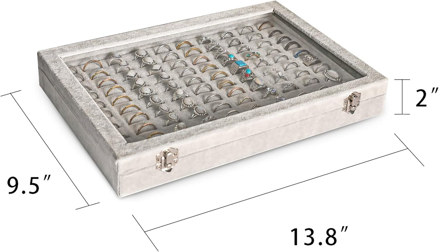 Frebeauty Ring Organizer Tray 100 Slots Ring Holder with Clear Lid Velvet Storage Box Jewelry Tray for Jewelry Store Earring Display Case for Jewelry Show Studs Box for Women(Grey)