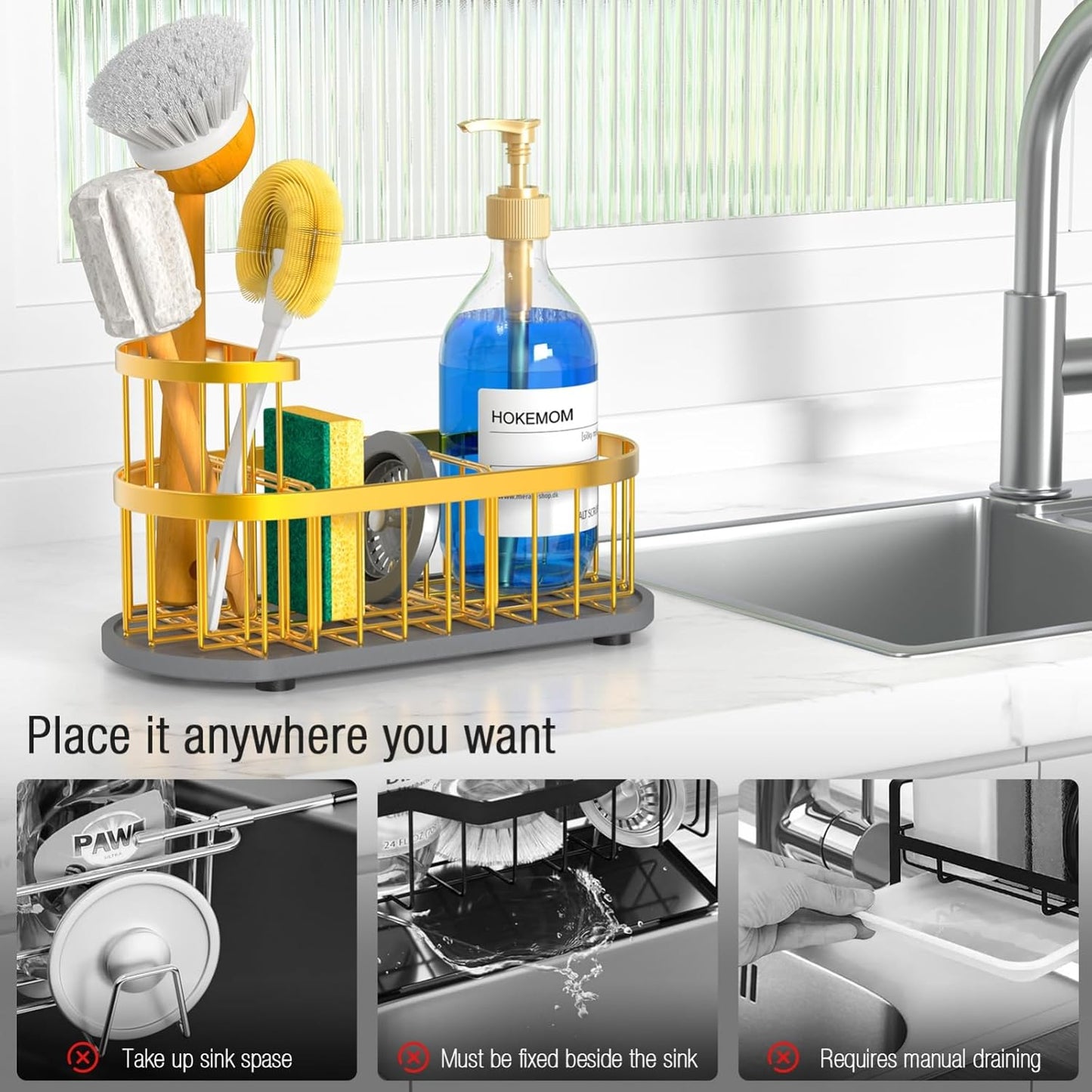 Kitchen Sink Organizer with Sponge Holder & Brush Holder - Drain-Free Non-Slip Base, 2.6mm Stainless Steel with Gold Rust-Resistant Coating - Easy Install & Clean Kitchen Sink Caddy