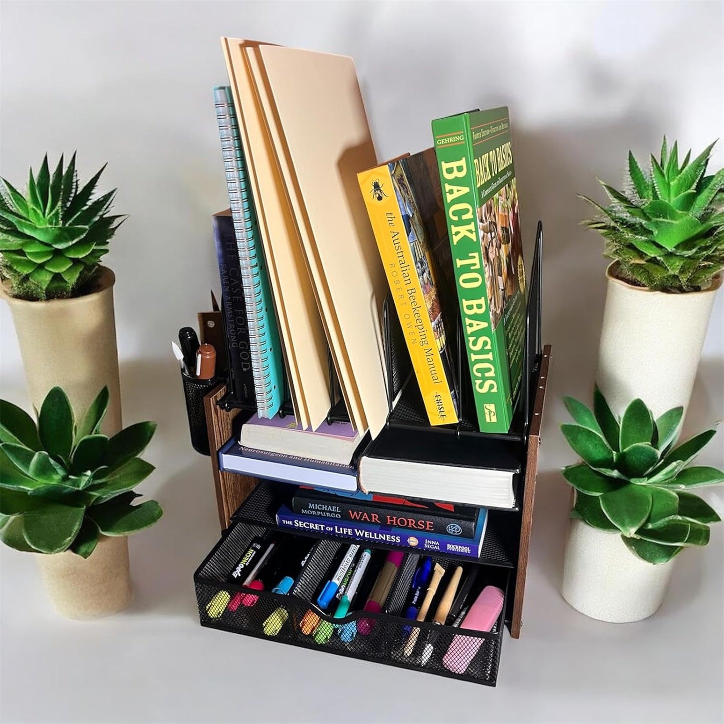 4-Tier Wood & Metal Desk Organizer – Vertical File Tray, Pen Holder & Drawer | Desktop Organizer for Home Office Supplies, Folders, Notebooks & Documents | Space-Saving Mesh Office Organizer